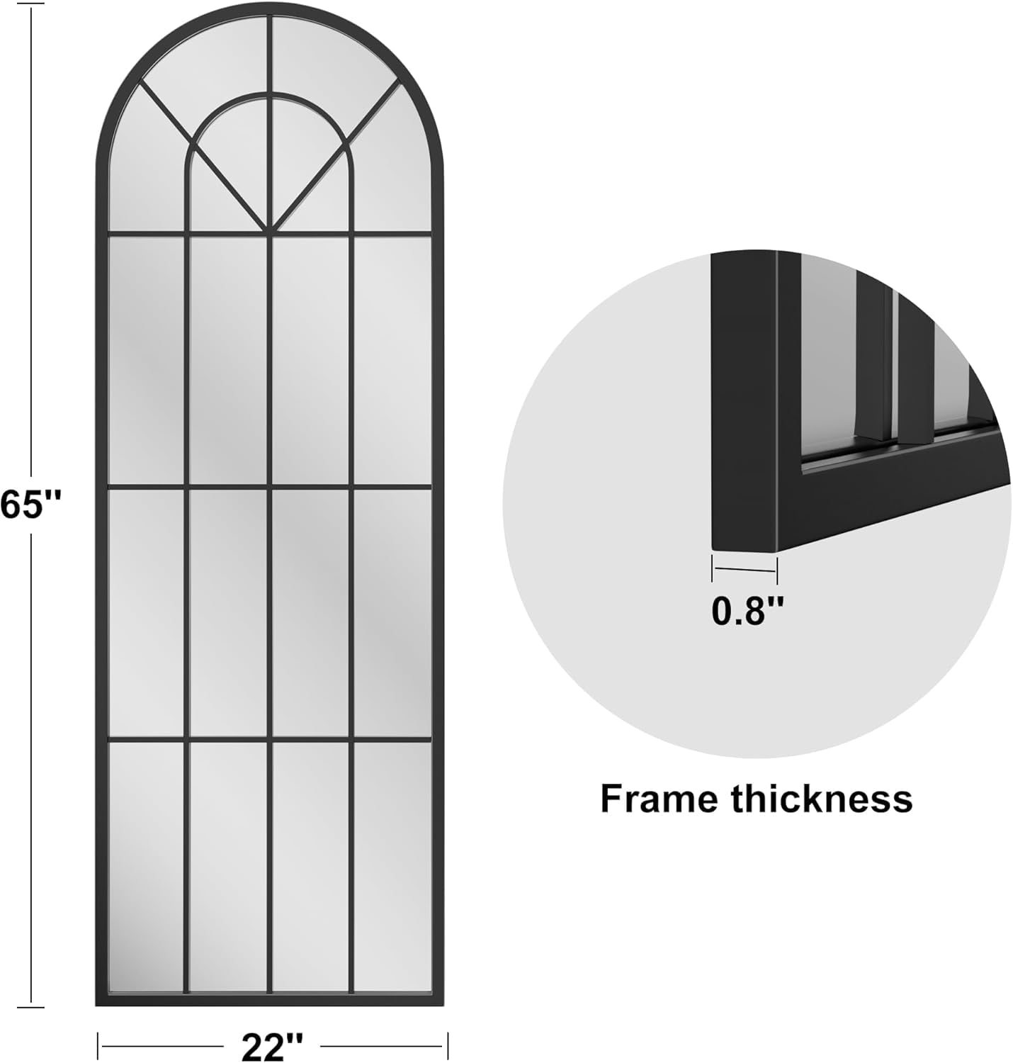 Dewfig Arched Full Length Mirror, 71"x 32" Windowpane Floor Mirror, Black