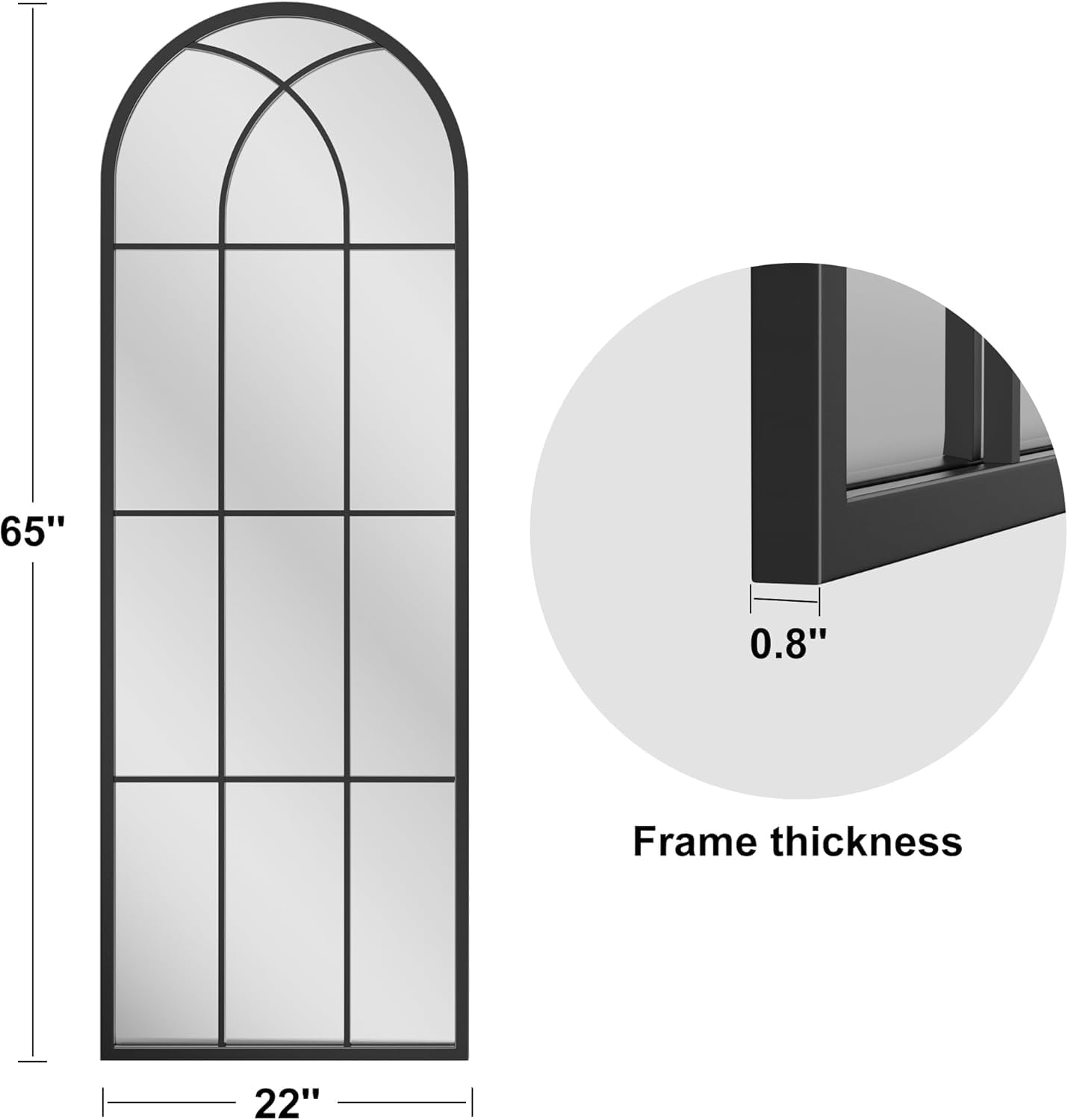 Dewfig Arched Full Length Mirror, 71"x 32" Windowpane Floor Mirror, Black