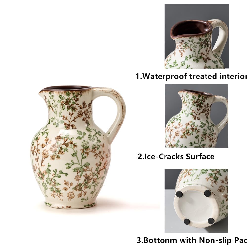 SIDUCAL Ceramic Rustic Farmhouse Vase with Handle, Terracotta Vase, Minimalist Decorative Vases for Home Decor, Table, Living Room, Shelf, Christmas Decoration(Gray)