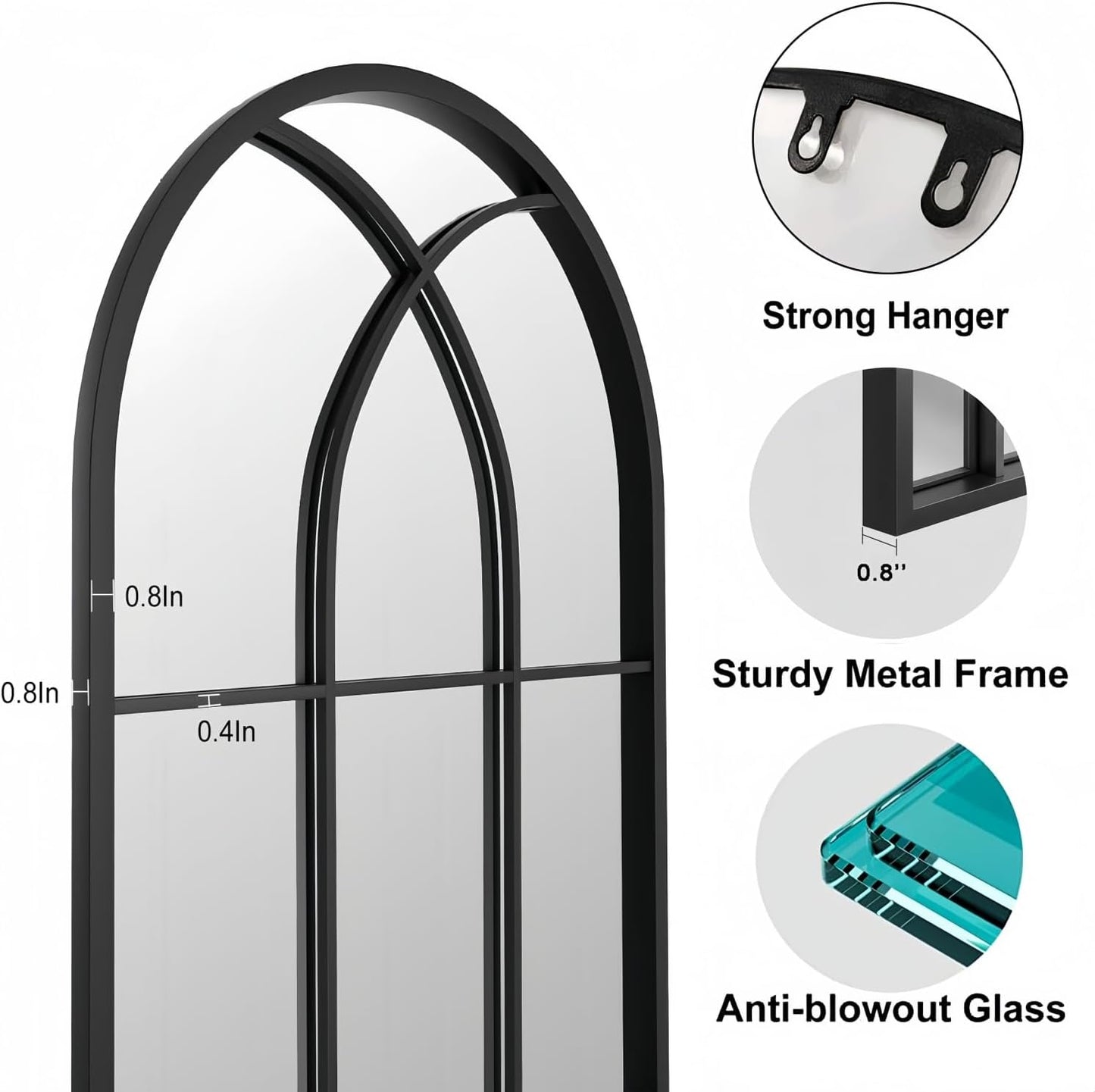 Dewfig Arched Full Length Mirror, 71"x 32" Windowpane Floor Mirror, Black
