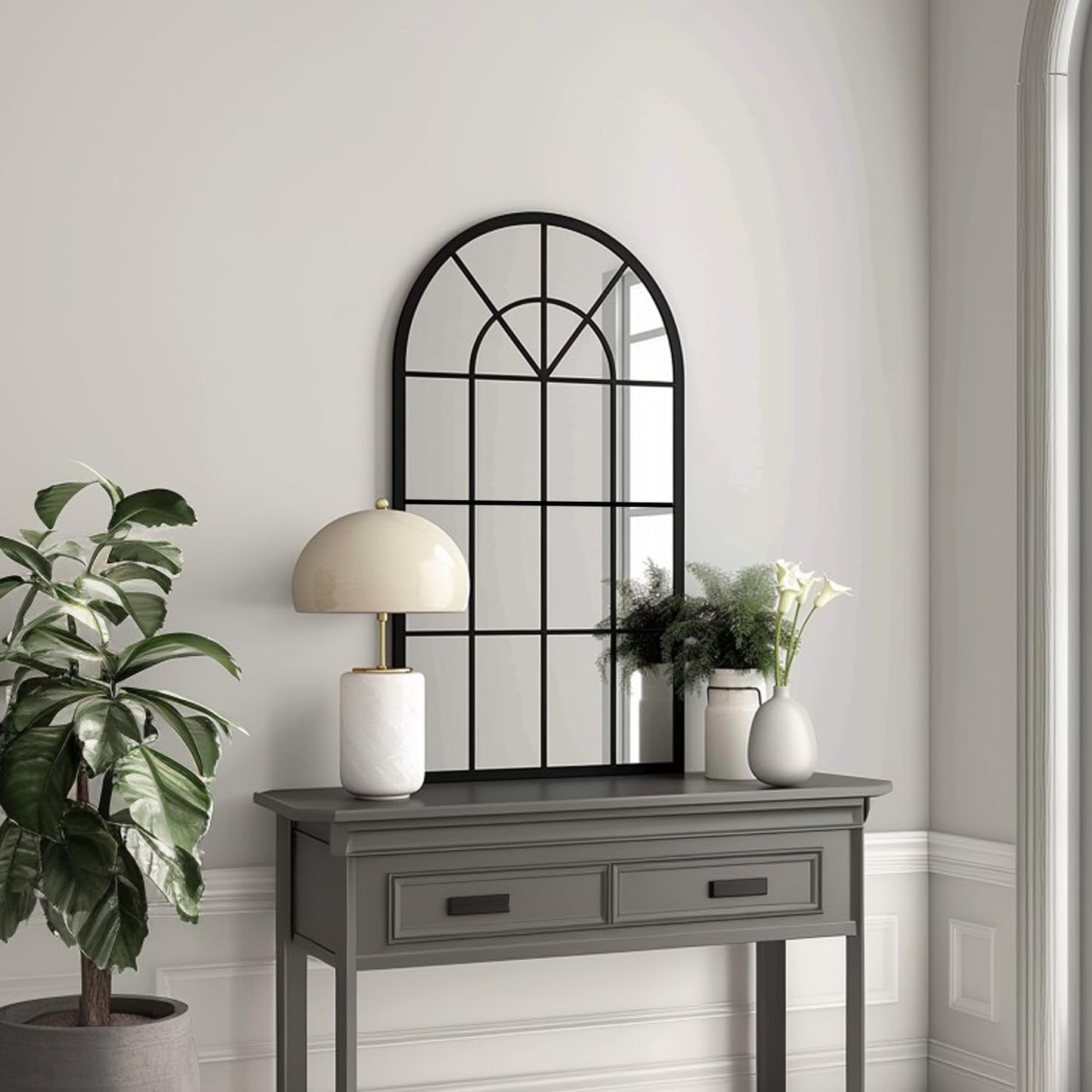 Dewfig Arched Full Length Mirror, 71"x 32" Windowpane Floor Mirror, Black