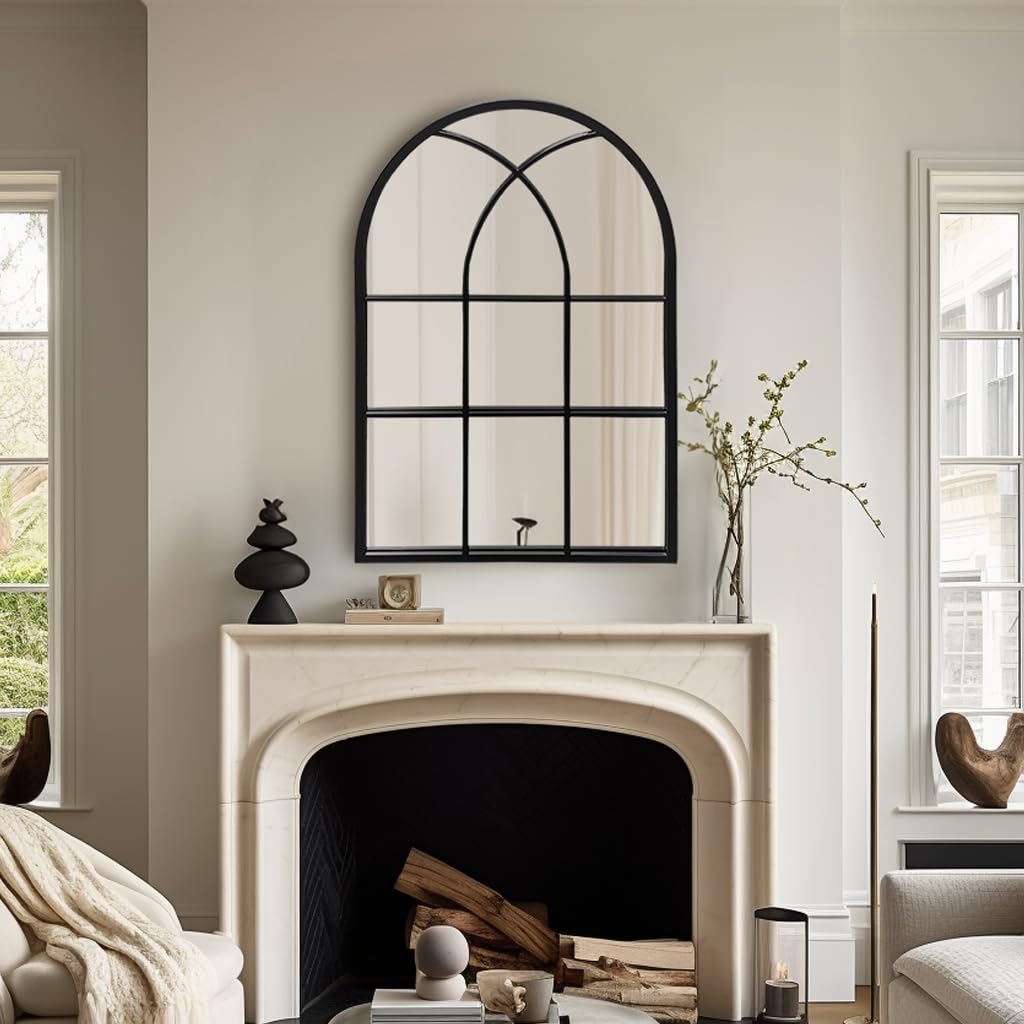 Dewfig Arched Full Length Mirror, 71"x 32" Windowpane Floor Mirror, Black