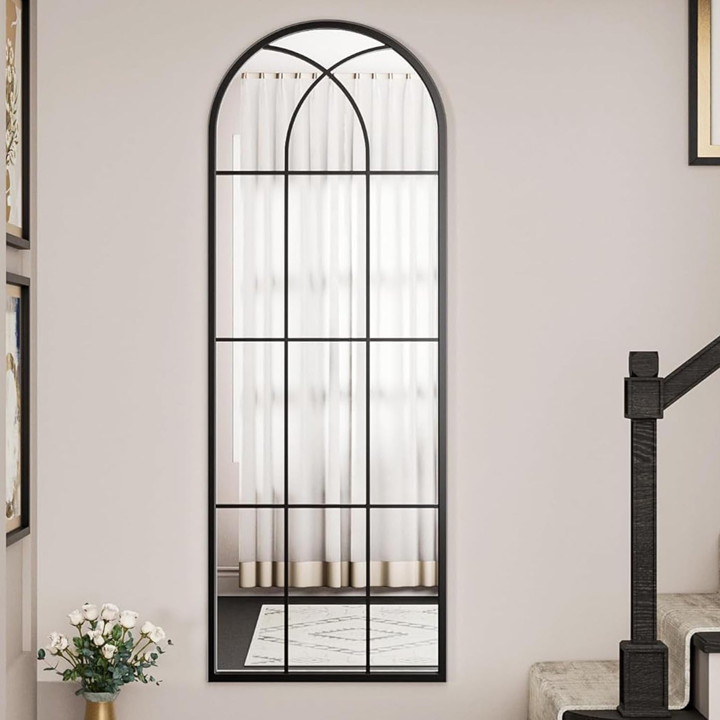 Dewfig Arched Full Length Mirror, 71"x 32" Windowpane Floor Mirror, Black