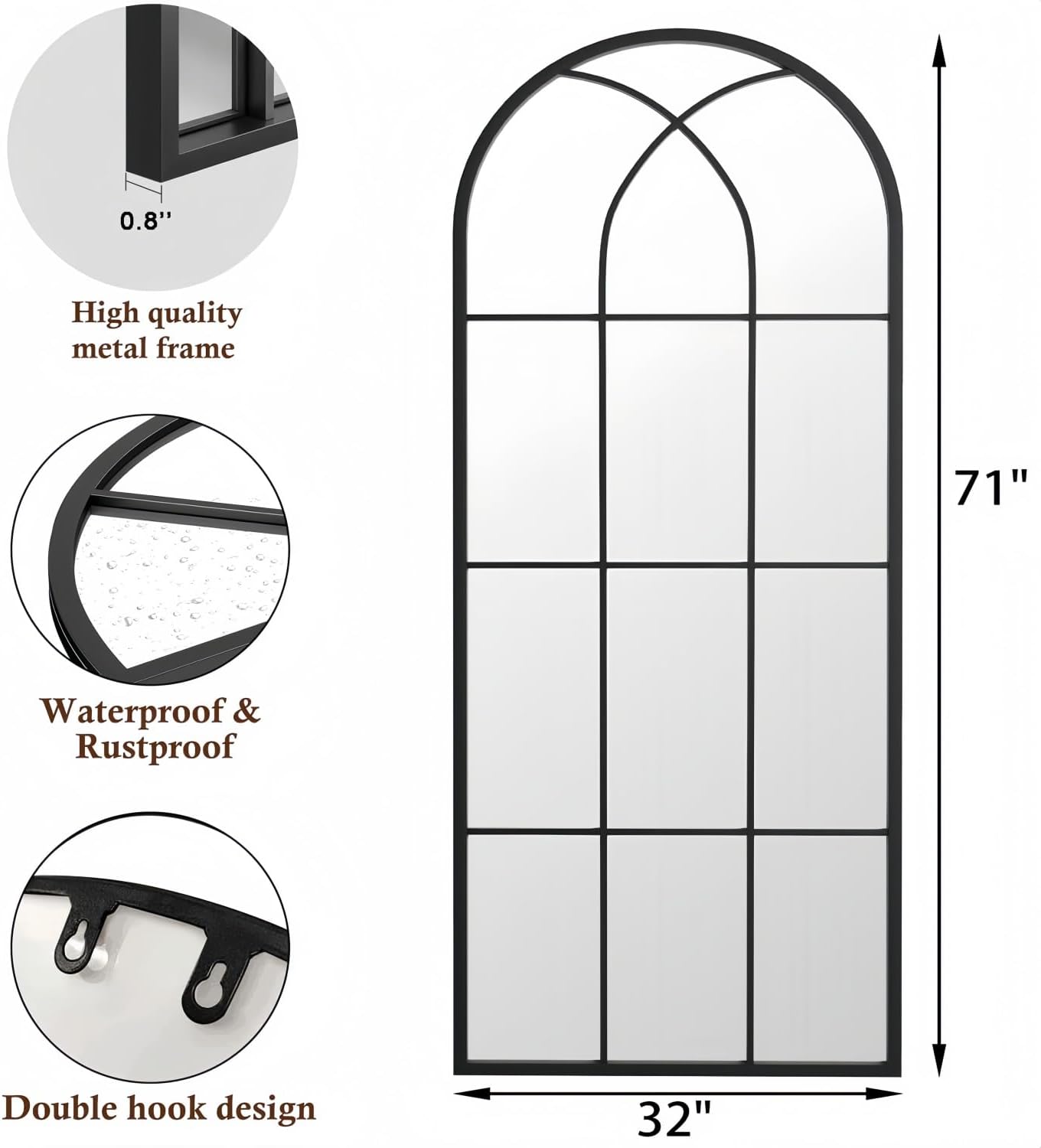 Dewfig Arched Full Length Mirror, 71"x 32" Windowpane Floor Mirror, Black
