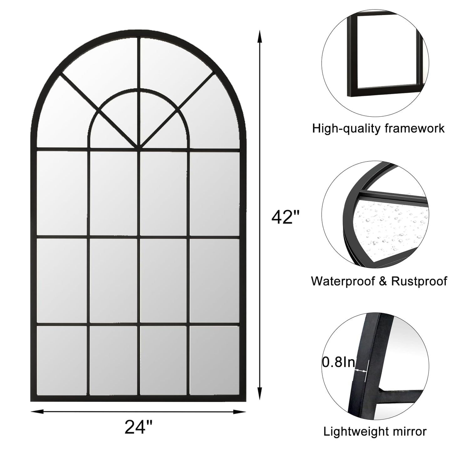 Dewfig Arched Full Length Mirror, 71"x 32" Windowpane Floor Mirror, Black