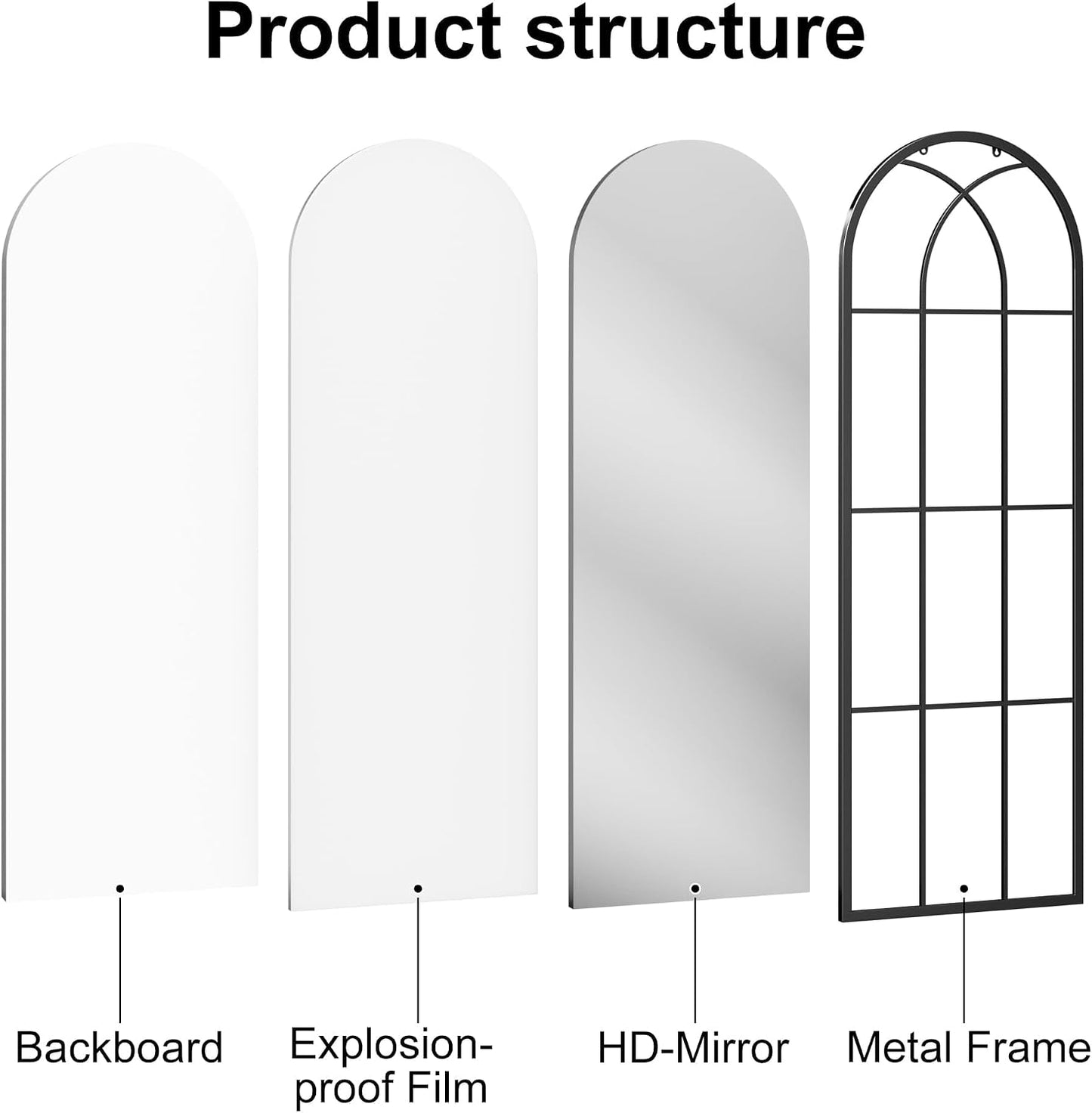 Dewfig Arched Full Length Mirror, 71"x 32" Windowpane Floor Mirror, Black