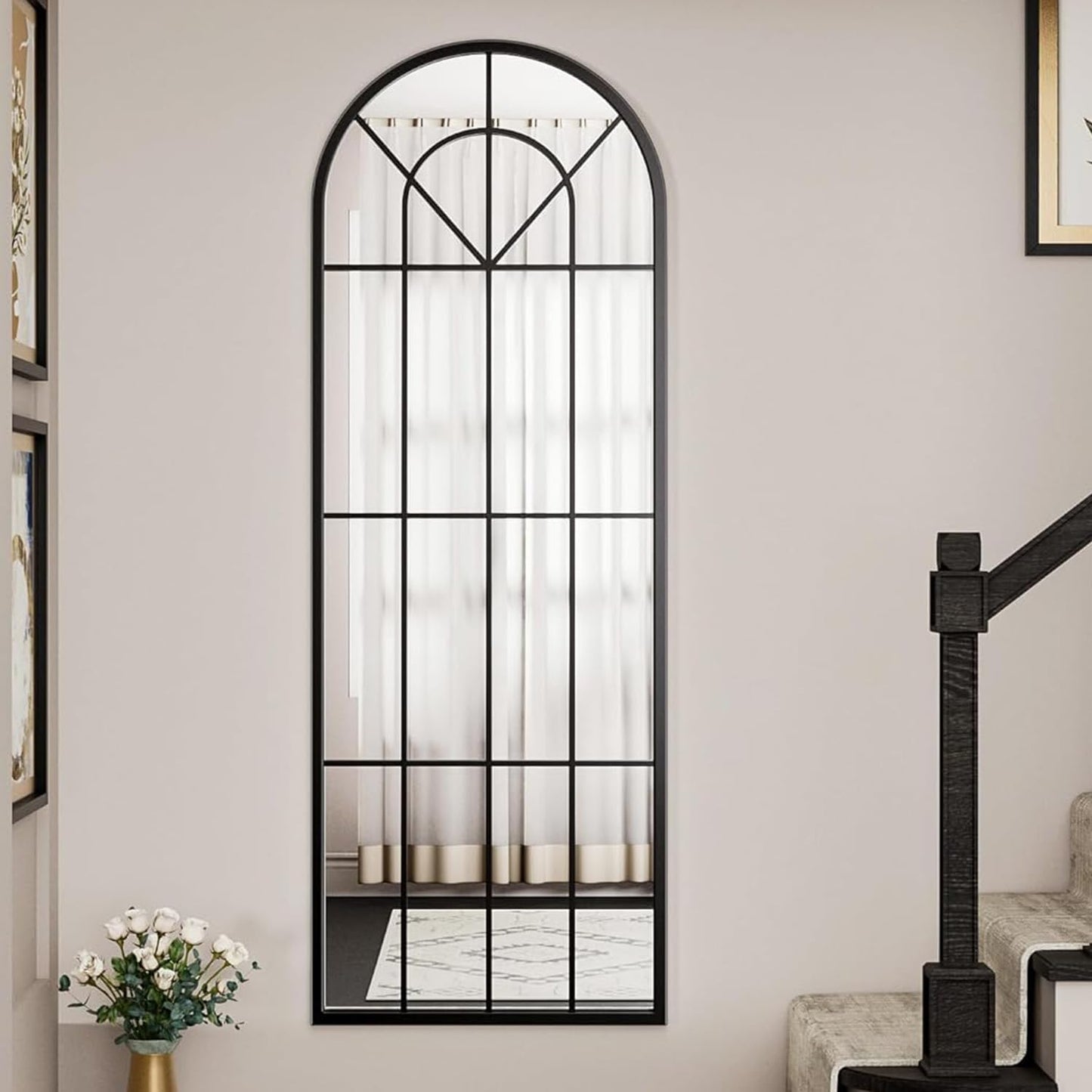 Dewfig Arched Full Length Mirror, 71"x 32" Windowpane Floor Mirror, Black