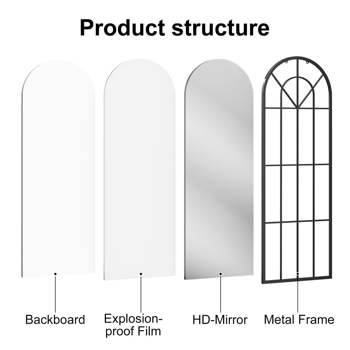 Dewfig Arched Full Length Mirror, 71"x 32" Windowpane Floor Mirror, Black