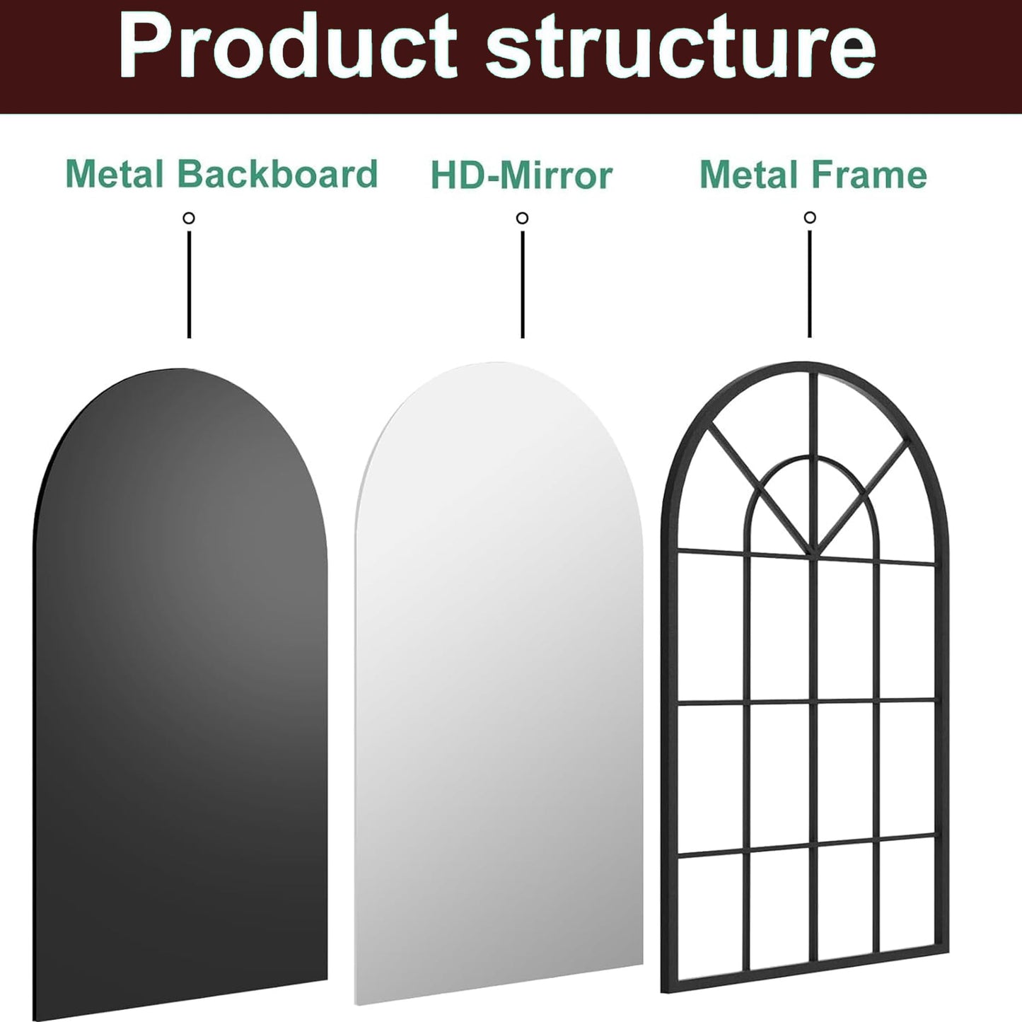 Dewfig Arched Full Length Mirror, 71"x 32" Windowpane Floor Mirror, Black