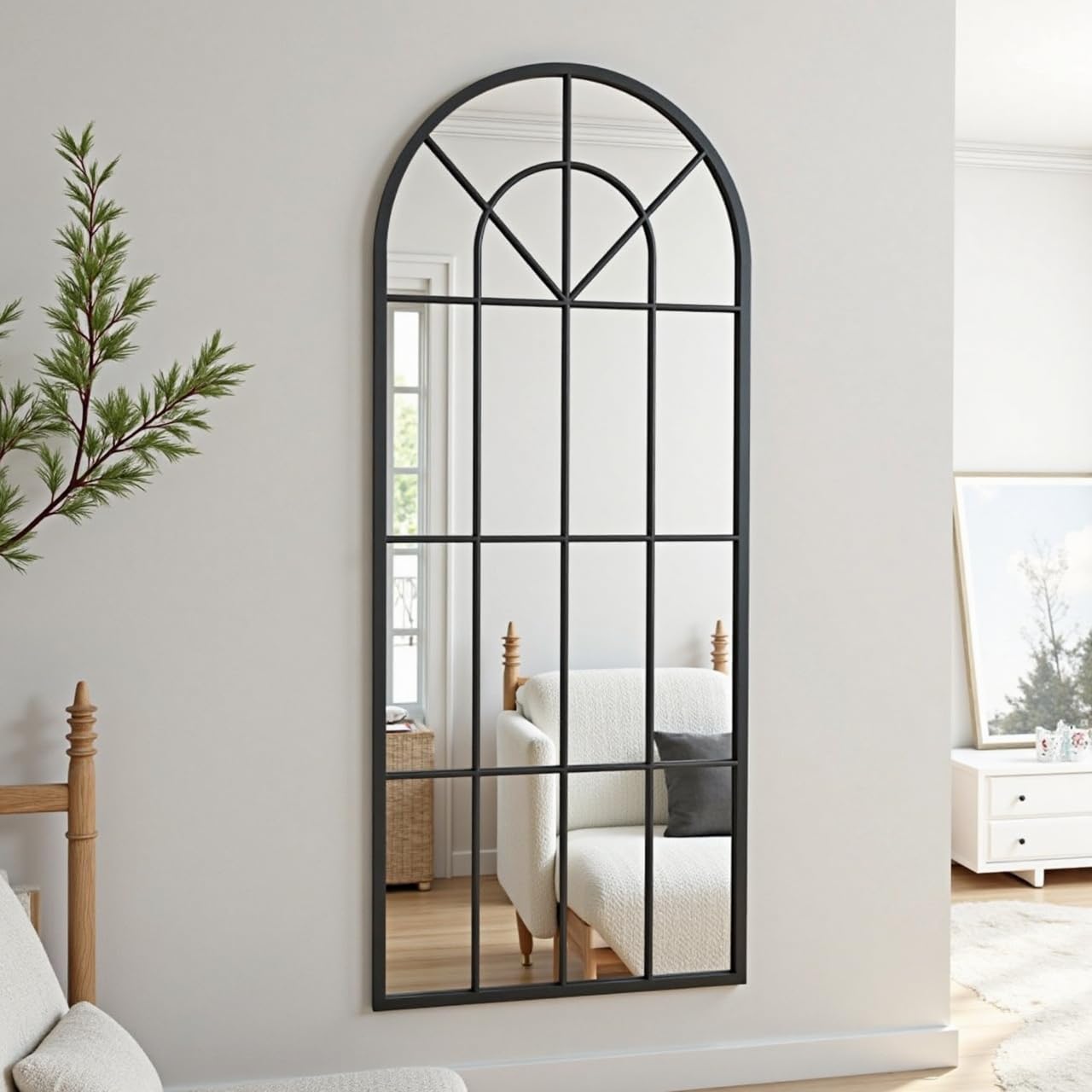 Dewfig Arched Full Length Mirror, 71"x 32" Windowpane Floor Mirror, Black