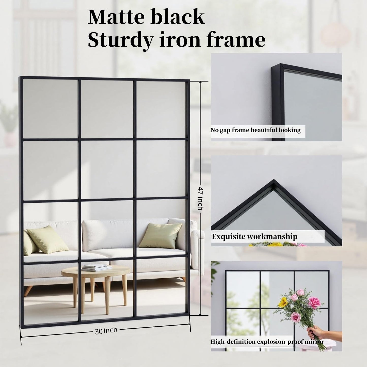 Dewfig Arched Full Length Mirror, 71"x 32" Windowpane Floor Mirror, Black