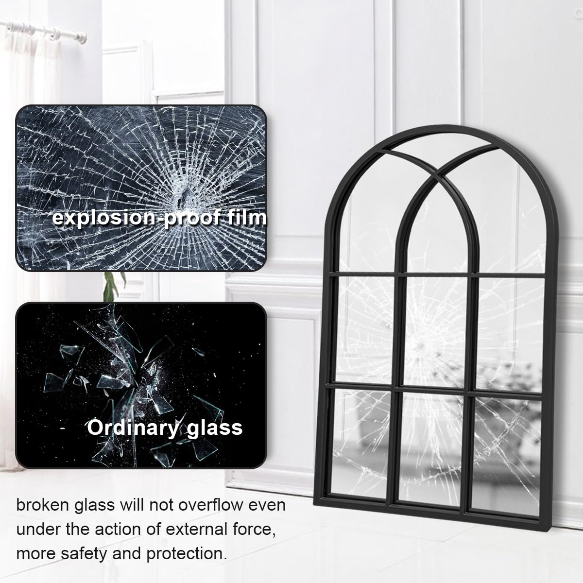 Dewfig Arched Full Length Mirror, 71"x 32" Windowpane Floor Mirror, Black