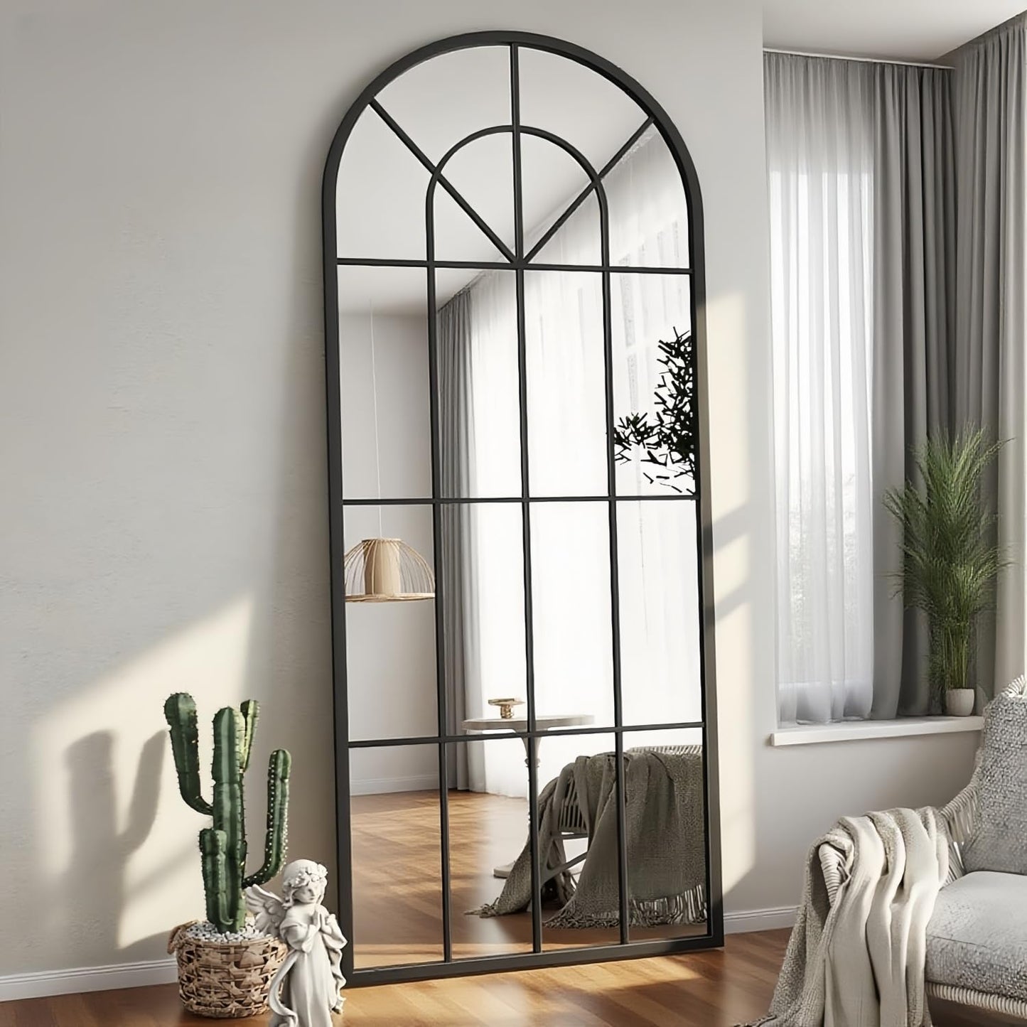 Dewfig Arched Full Length Mirror, 71"x 32" Windowpane Floor Mirror, Black