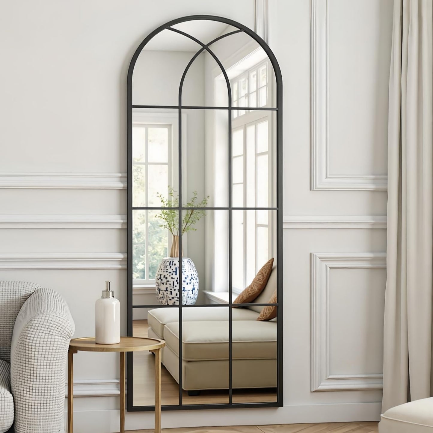 Dewfig Arched Full Length Mirror, 71"x 32" Windowpane Floor Mirror, Black