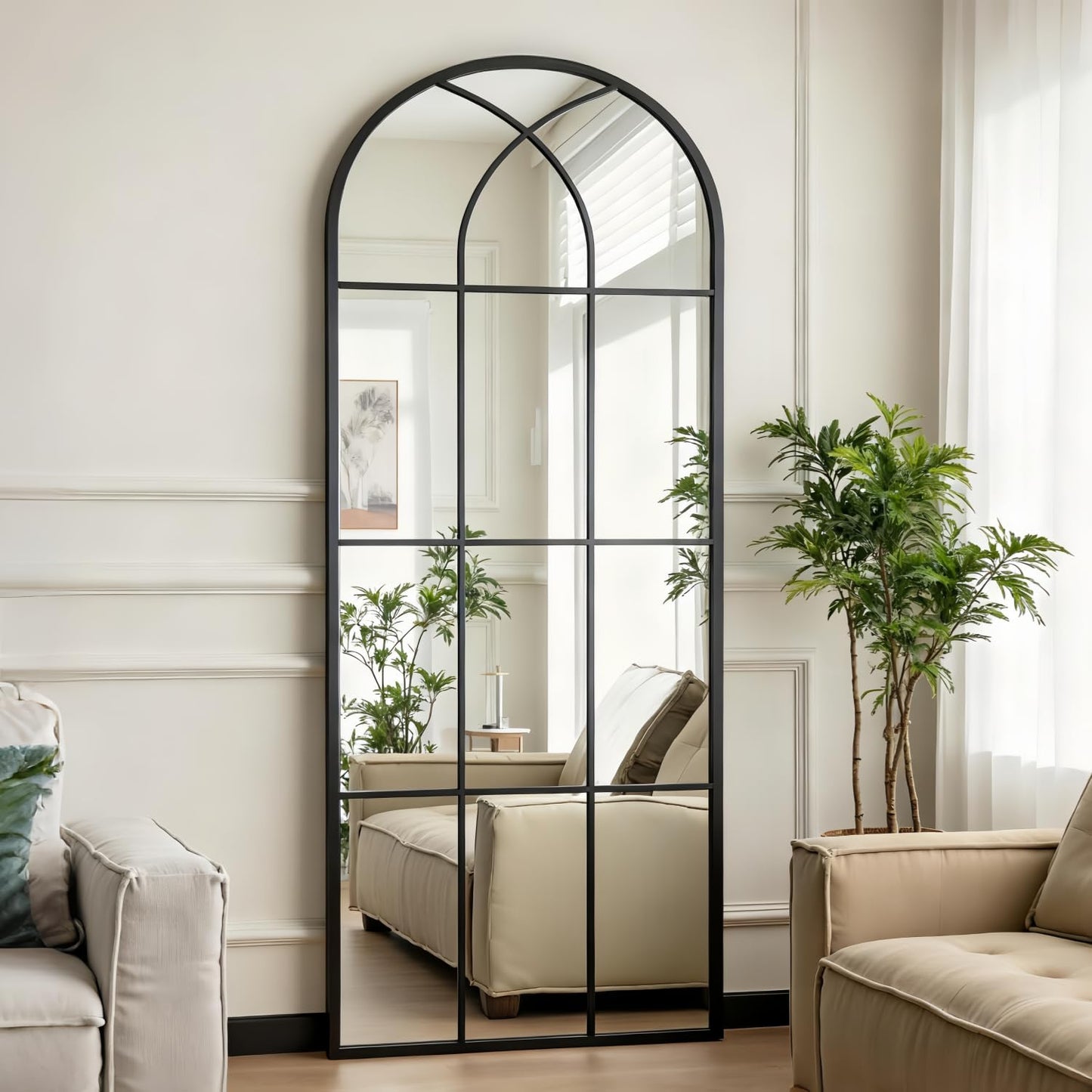 Dewfig Arched Full Length Mirror, 71"x 32" Windowpane Floor Mirror, Black