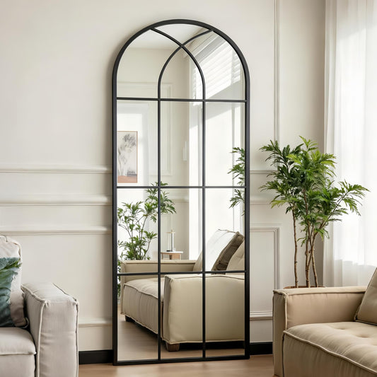Dewfig Arched Full Length Mirror, 71"x 32" Windowpane Floor Mirror, Black