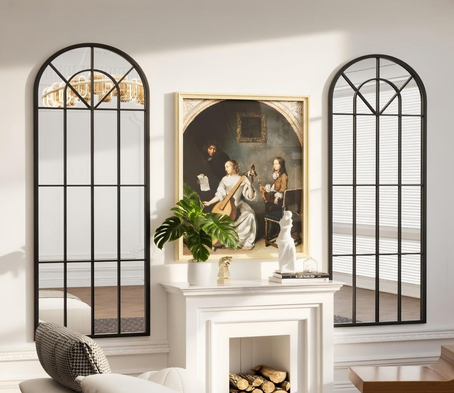 Dewfig Arched Full Length Mirror, 71"x 32" Windowpane Floor Mirror, Black