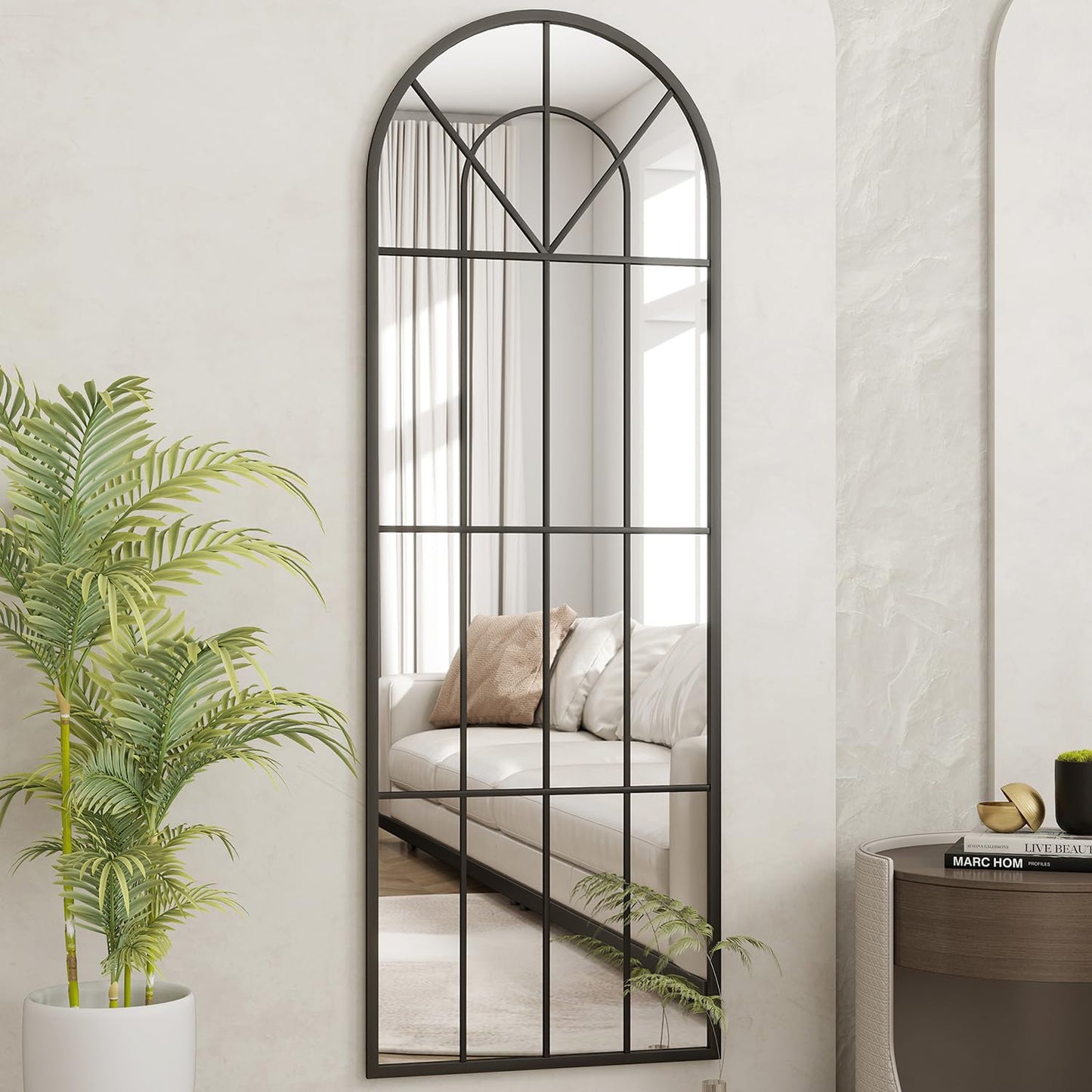 Dewfig Arched Full Length Mirror, 71"x 32" Windowpane Floor Mirror, Black
