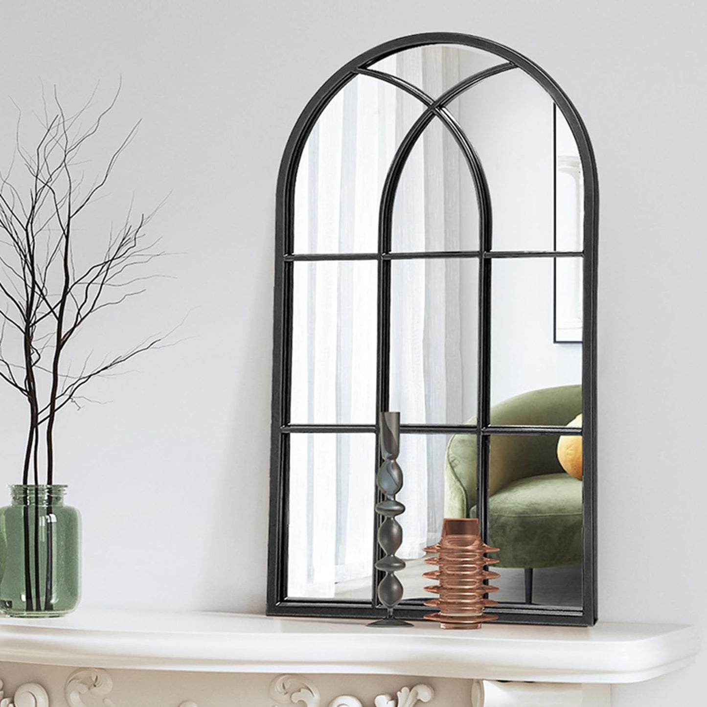 Dewfig Arched Full Length Mirror, 71"x 32" Windowpane Floor Mirror, Black