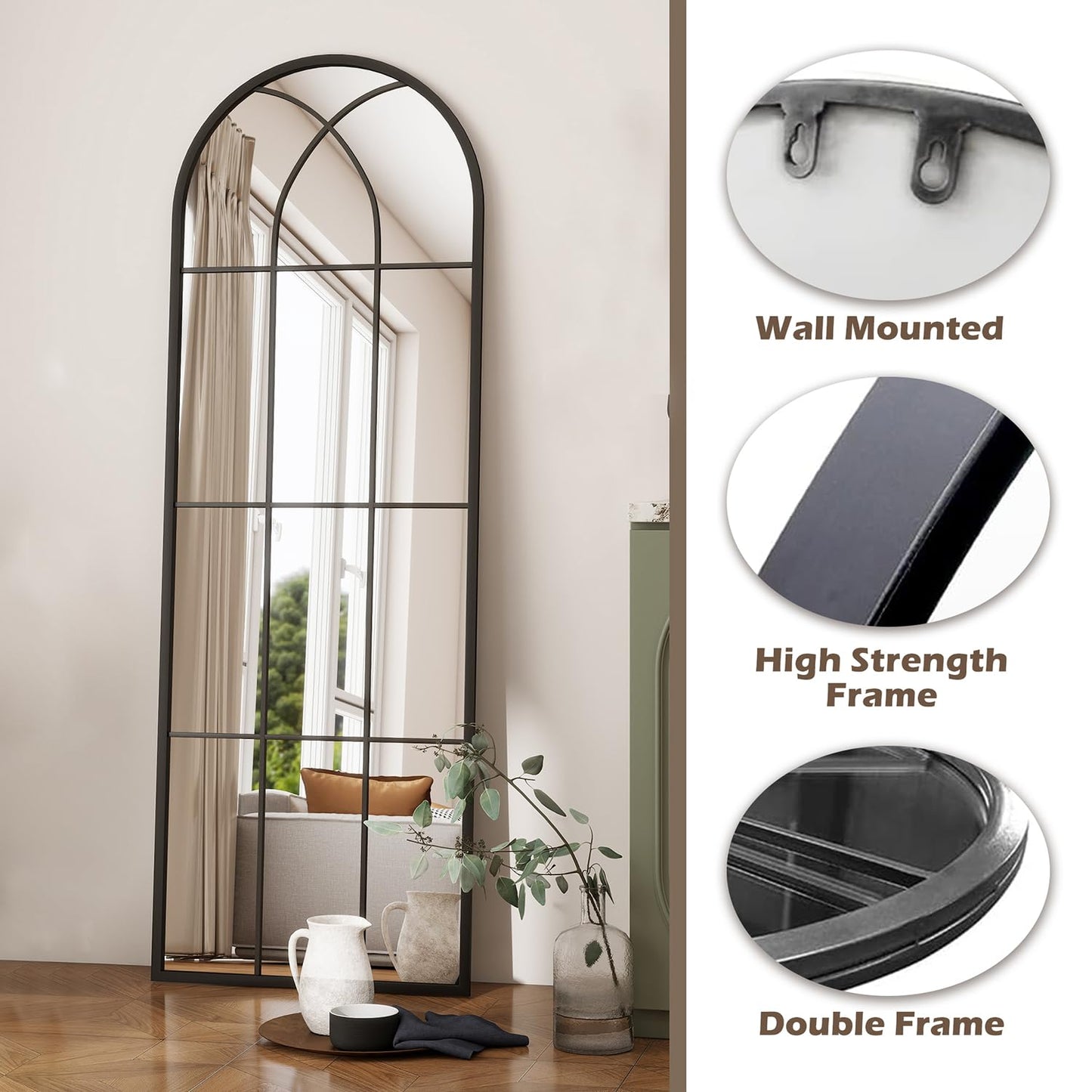 Dewfig Arched Full Length Mirror, 71"x 32" Windowpane Floor Mirror, Black