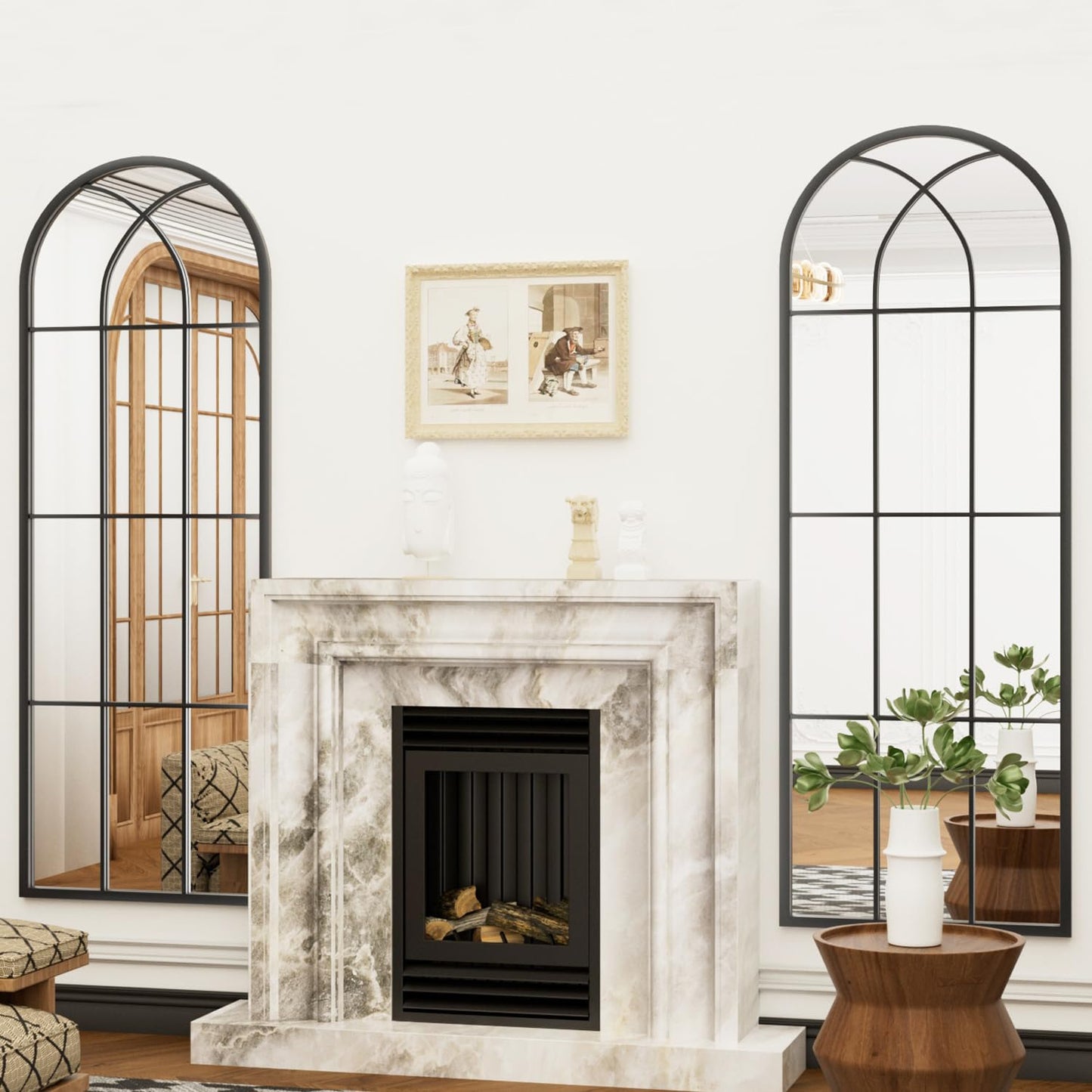 Dewfig Arched Full Length Mirror, 71"x 32" Windowpane Floor Mirror, Black