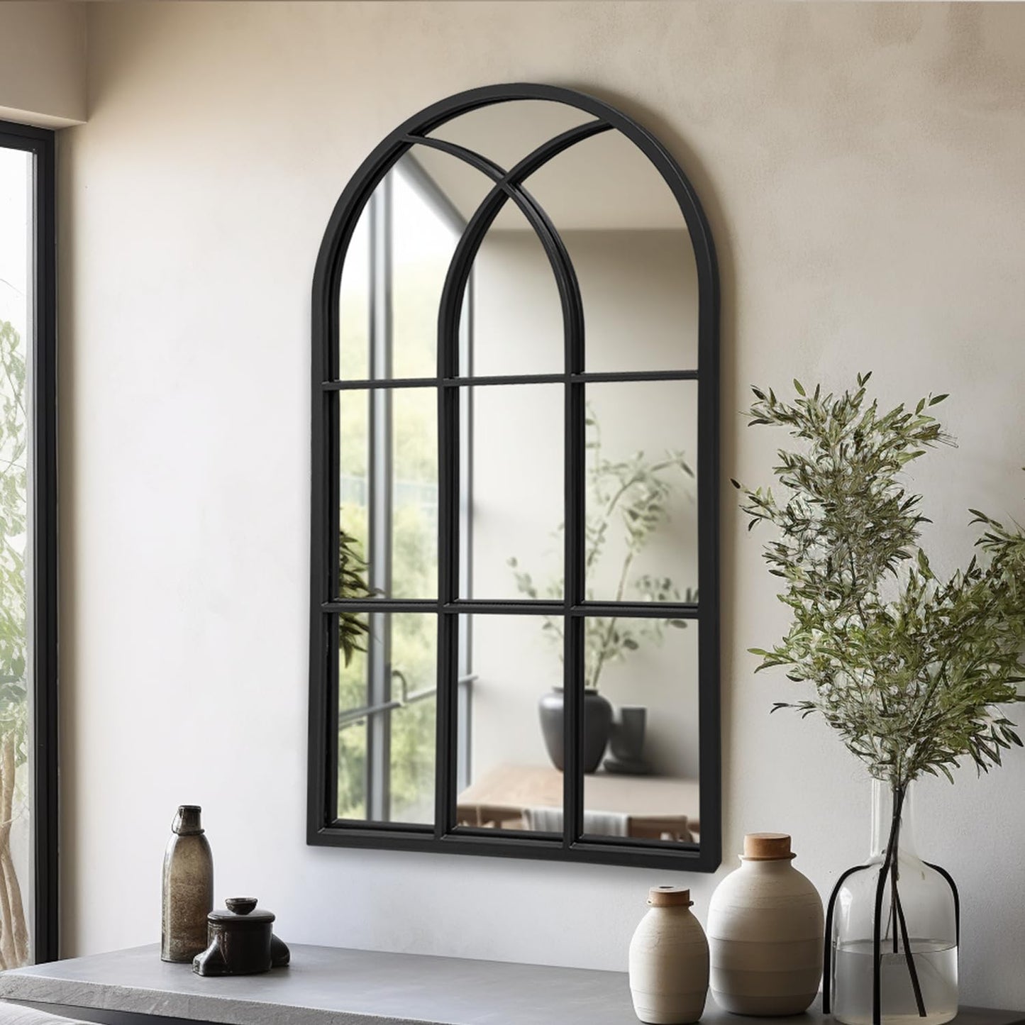 Dewfig Arched Full Length Mirror, 71"x 32" Windowpane Floor Mirror, Black