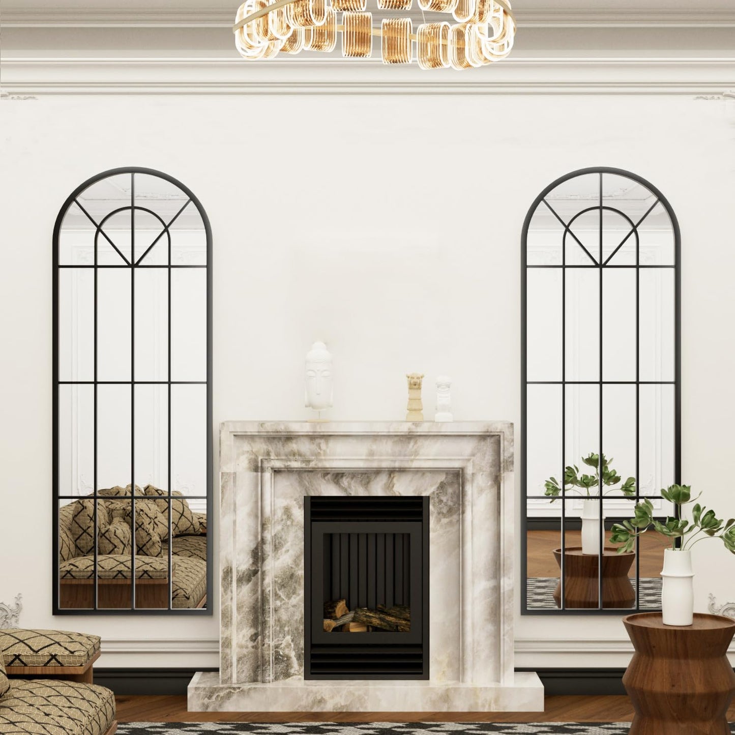 Dewfig Arched Full Length Mirror, 71"x 32" Windowpane Floor Mirror, Black