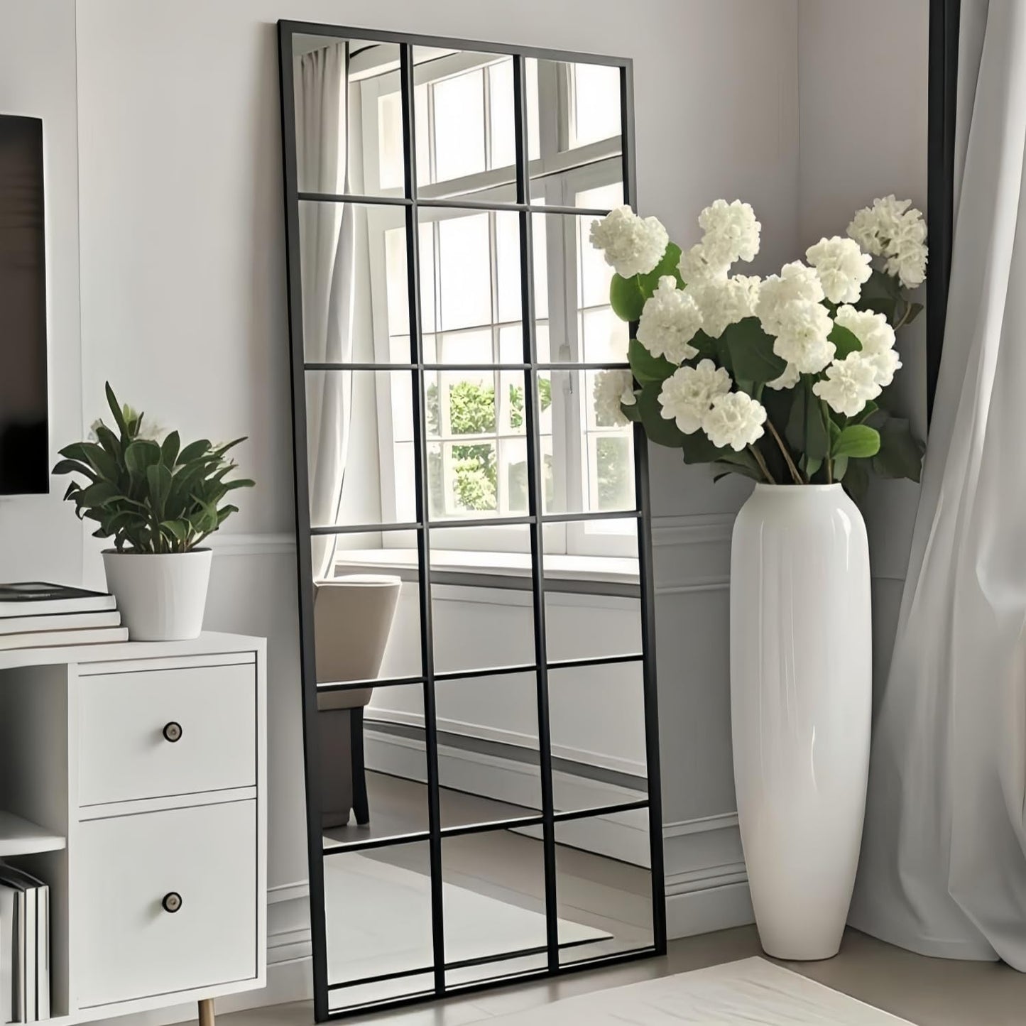 Dewfig Arched Full Length Mirror, 71"x 32" Windowpane Floor Mirror, Black