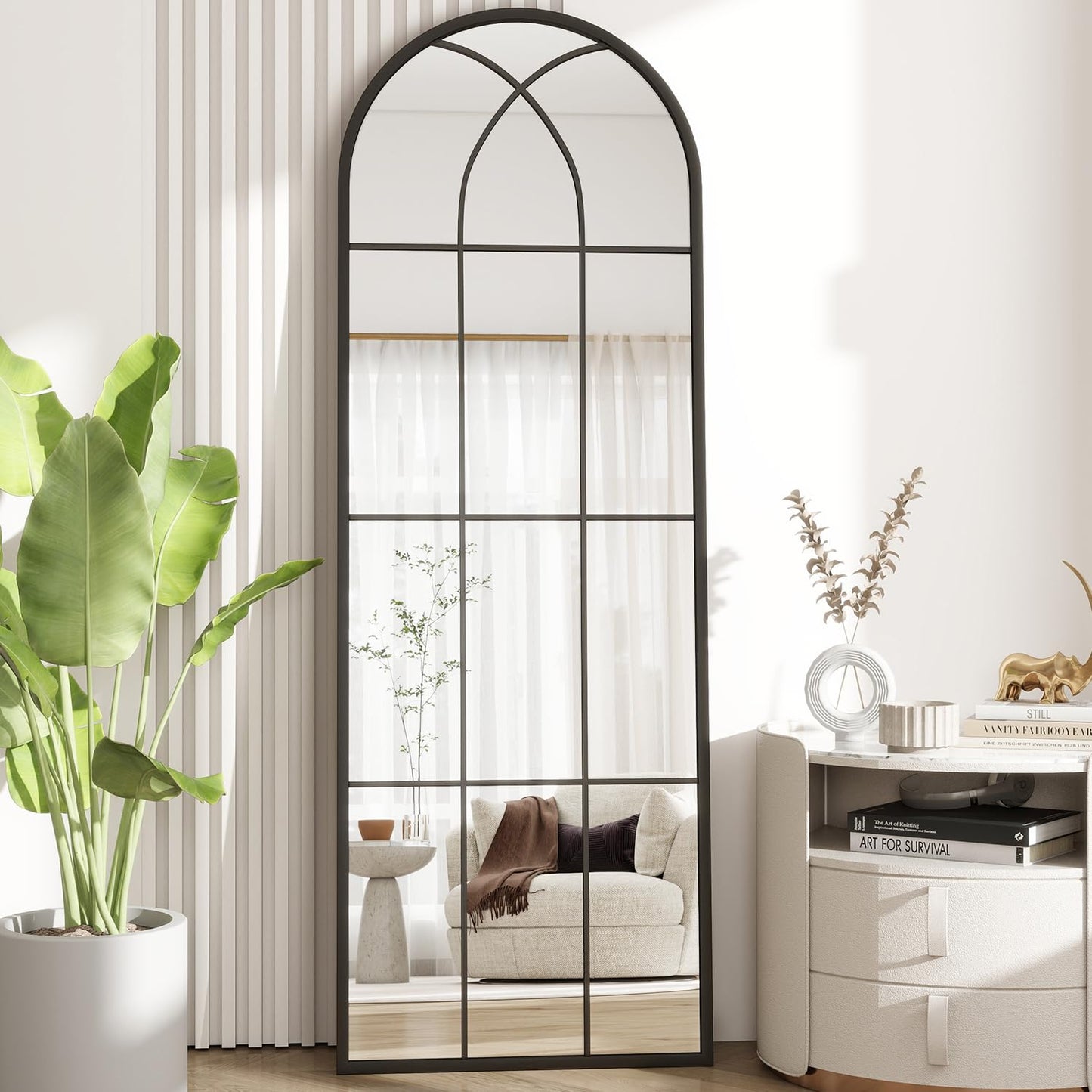 Dewfig Arched Full Length Mirror, 71"x 32" Windowpane Floor Mirror, Black