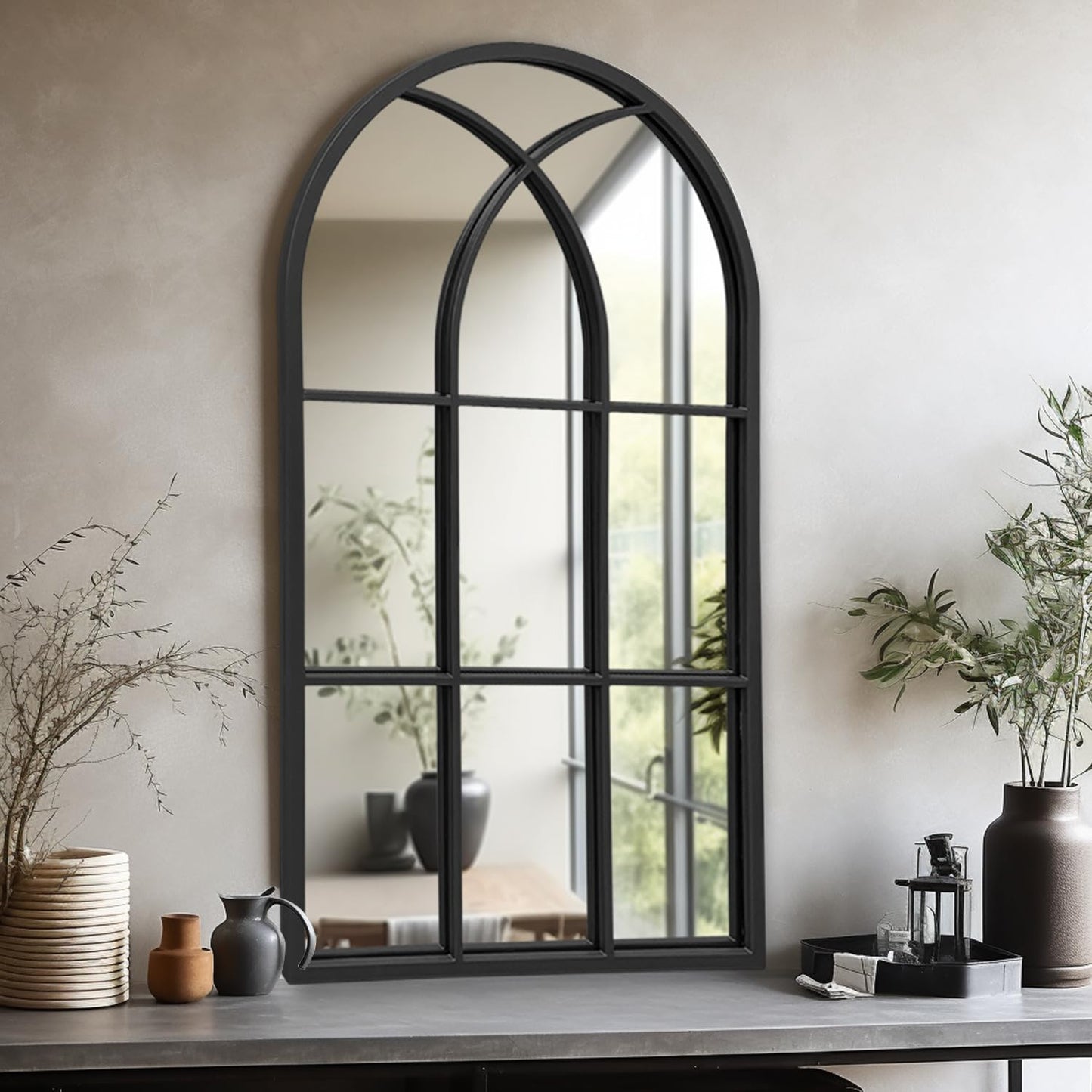Dewfig Arched Full Length Mirror, 71"x 32" Windowpane Floor Mirror, Black