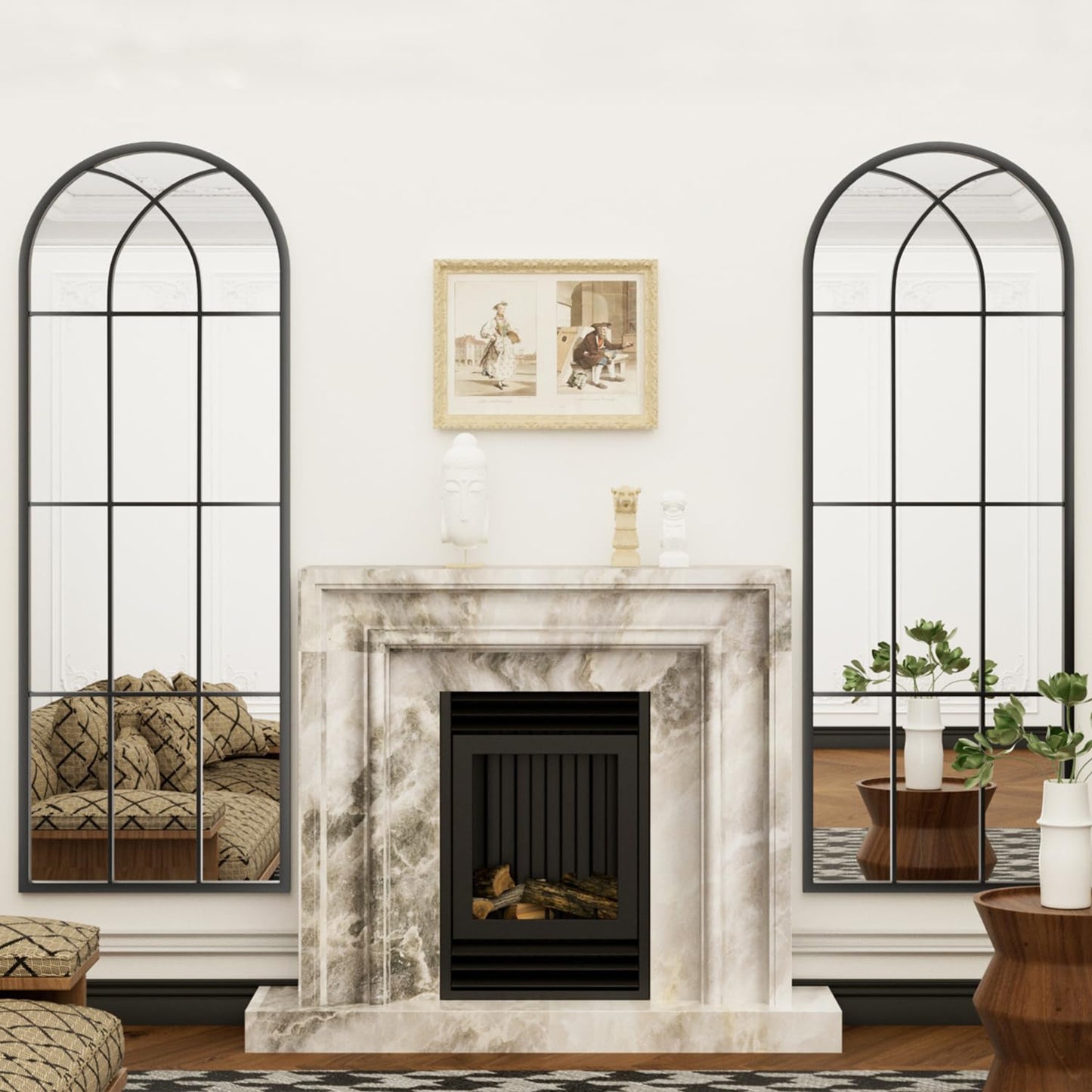 Dewfig Arched Full Length Mirror, 71"x 32" Windowpane Floor Mirror, Black