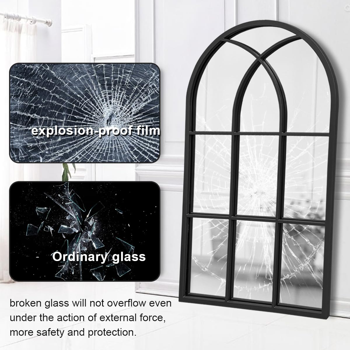 Dewfig Arched Full Length Mirror, 71"x 32" Windowpane Floor Mirror, Black