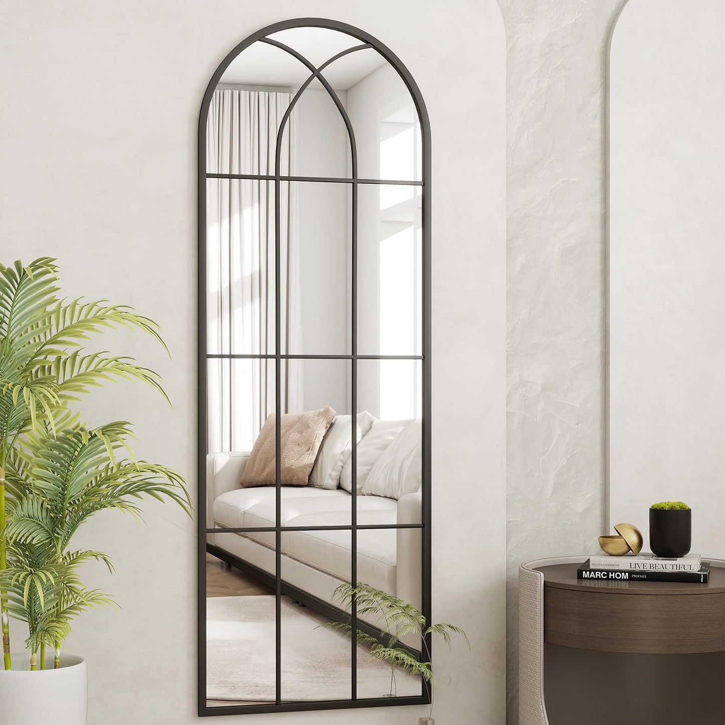 Dewfig Arched Full Length Mirror, 71"x 32" Windowpane Floor Mirror, Black
