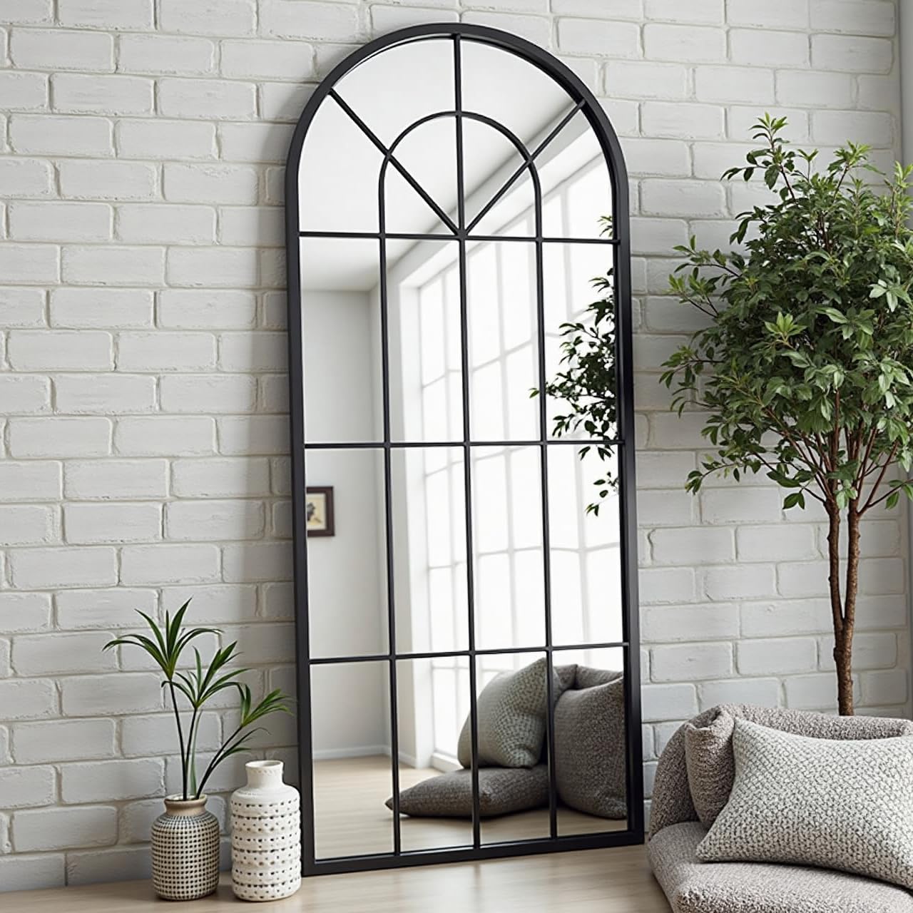Dewfig Arched Full Length Mirror, 71"x 32" Windowpane Floor Mirror, Black