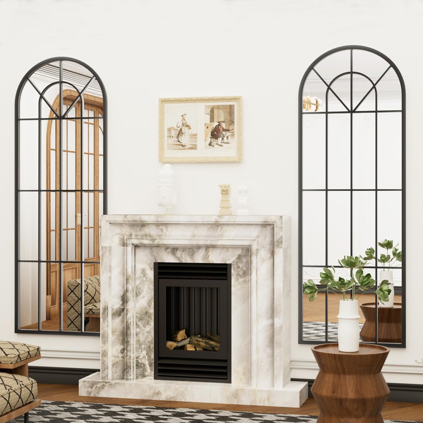 Dewfig Arched Full Length Mirror, 71"x 32" Windowpane Floor Mirror, Black