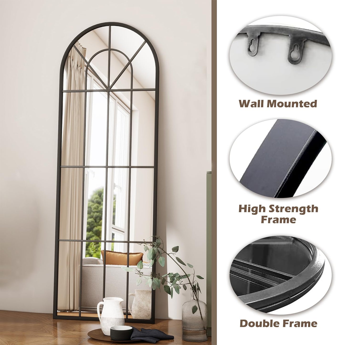 Dewfig Arched Full Length Mirror, 71"x 32" Windowpane Floor Mirror, Black