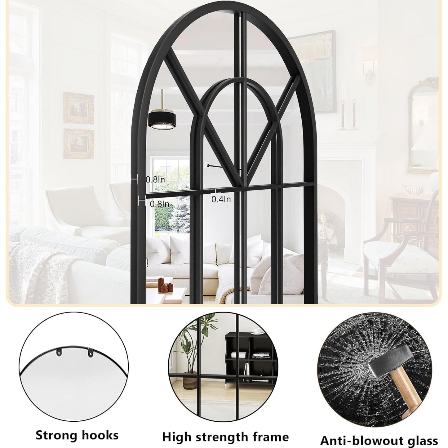 Dewfig Arched Full Length Mirror, 71"x 32" Windowpane Floor Mirror, Black
