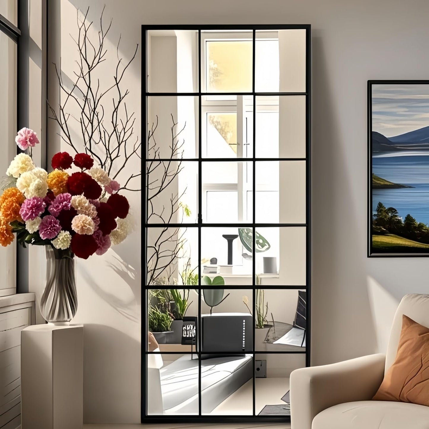 Dewfig Arched Full Length Mirror, 71"x 32" Windowpane Floor Mirror, Black