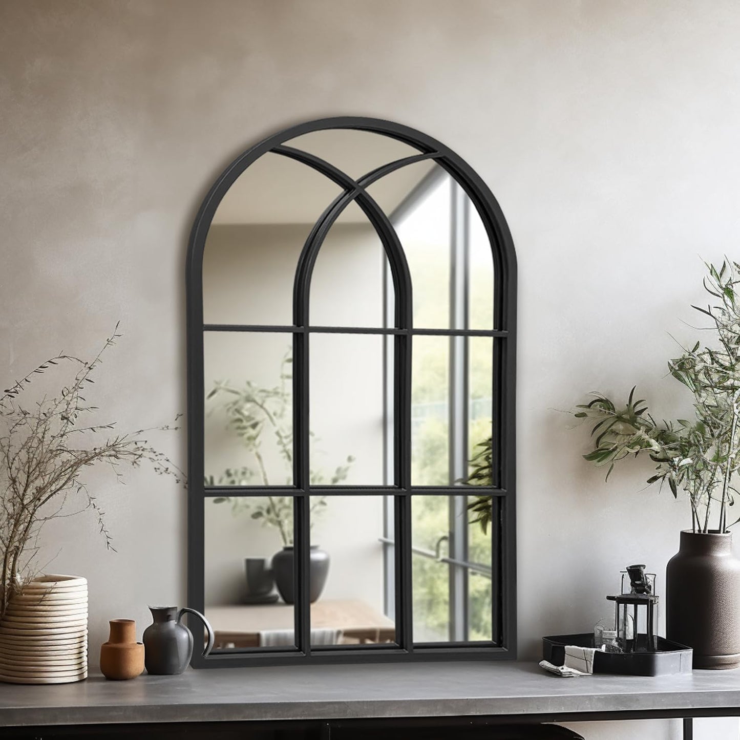 Dewfig Arched Full Length Mirror, 71"x 32" Windowpane Floor Mirror, Black