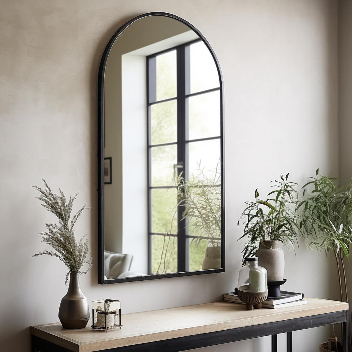 Dewfig Arched Full Length Mirror, 71"x 32" Windowpane Floor Mirror, Black