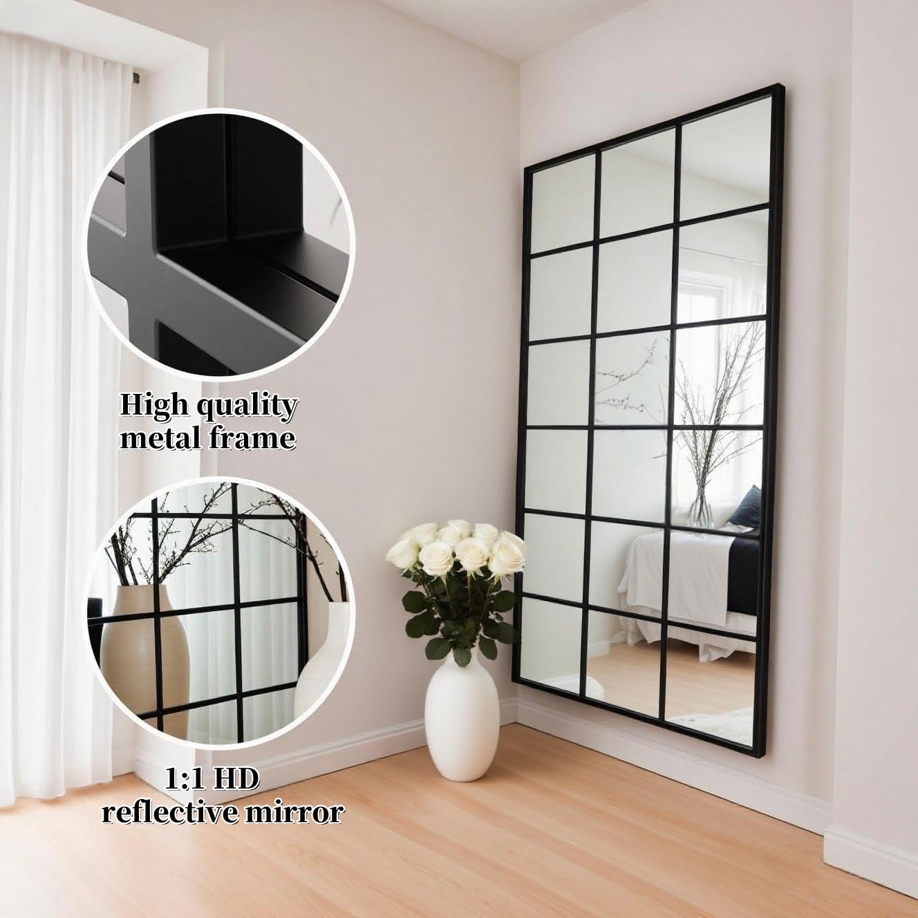 Dewfig Arched Full Length Mirror, 71"x 32" Windowpane Floor Mirror, Black