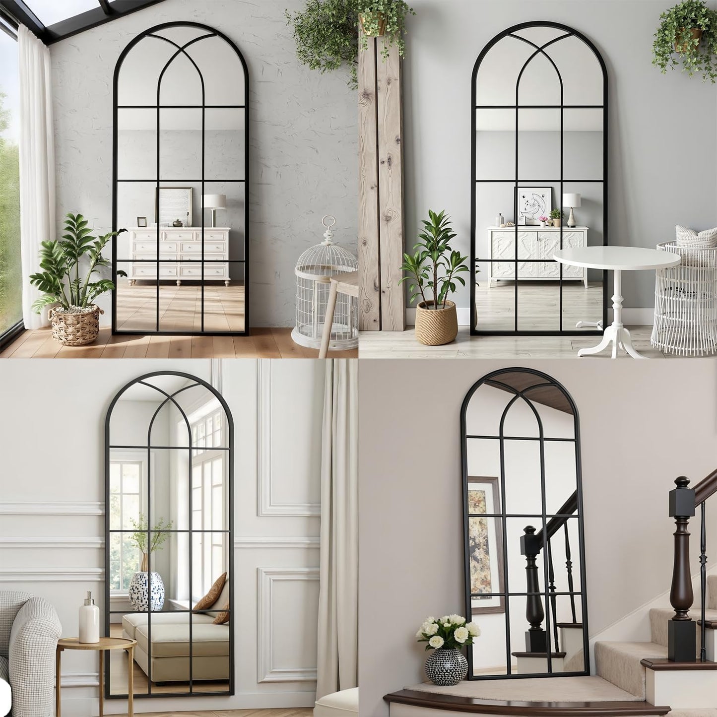 Dewfig Arched Full Length Mirror, 71"x 32" Windowpane Floor Mirror, Black