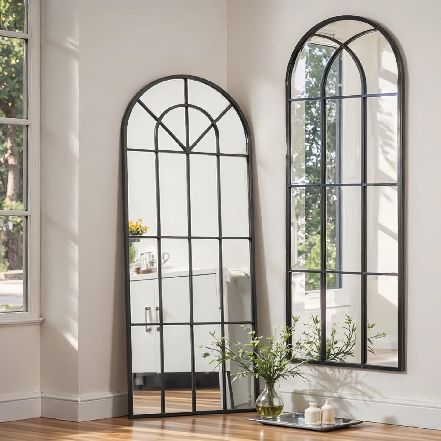 Dewfig Arched Full Length Mirror, 71"x 32" Windowpane Floor Mirror, Black