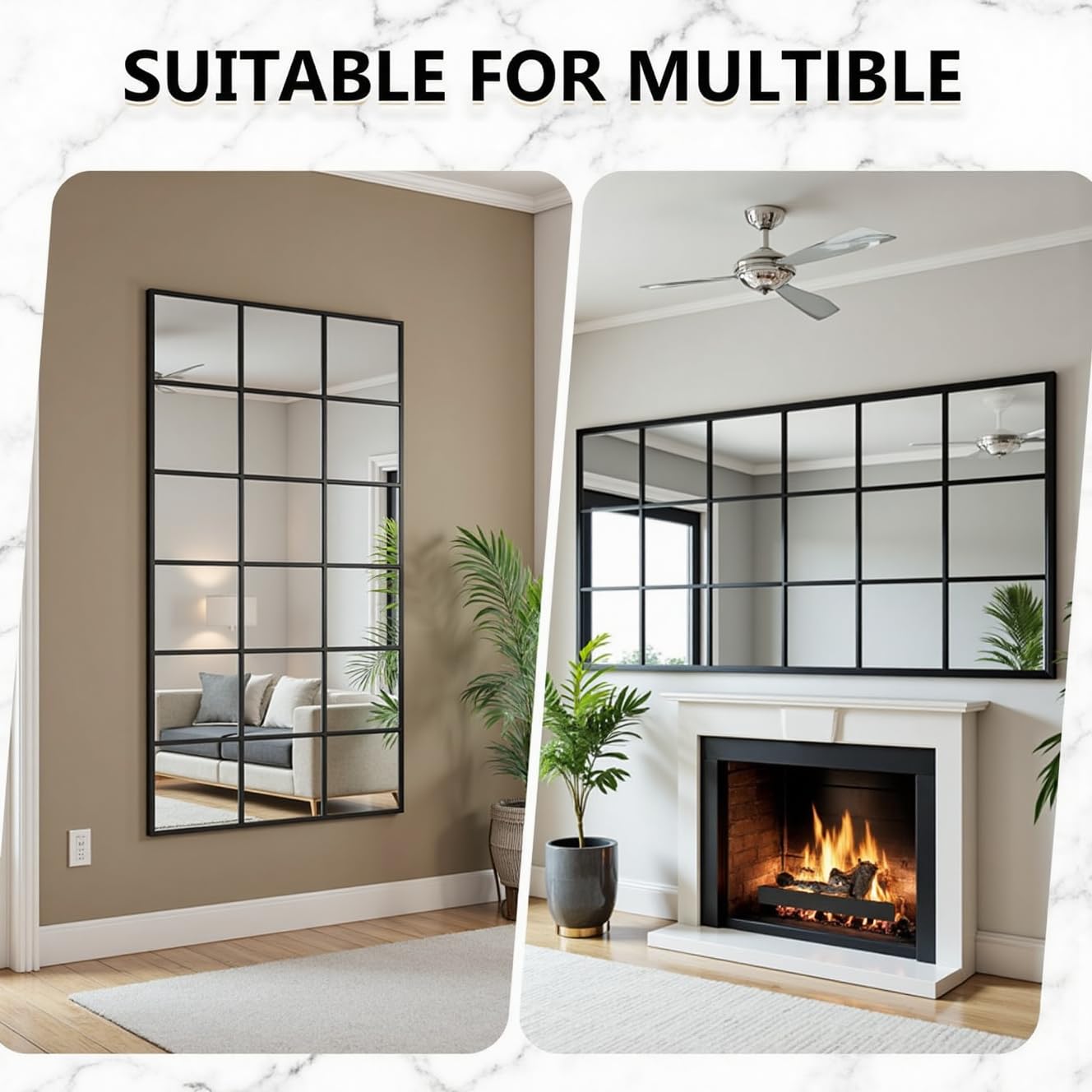 Dewfig Arched Full Length Mirror, 71"x 32" Windowpane Floor Mirror, Black