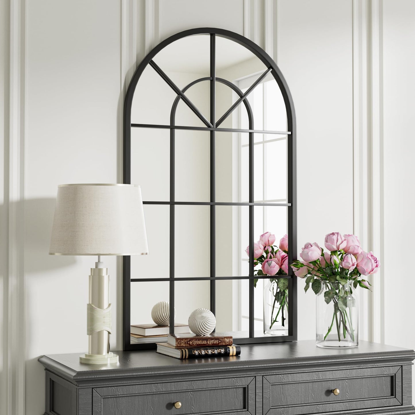 Dewfig Arched Full Length Mirror, 71"x 32" Windowpane Floor Mirror, Black
