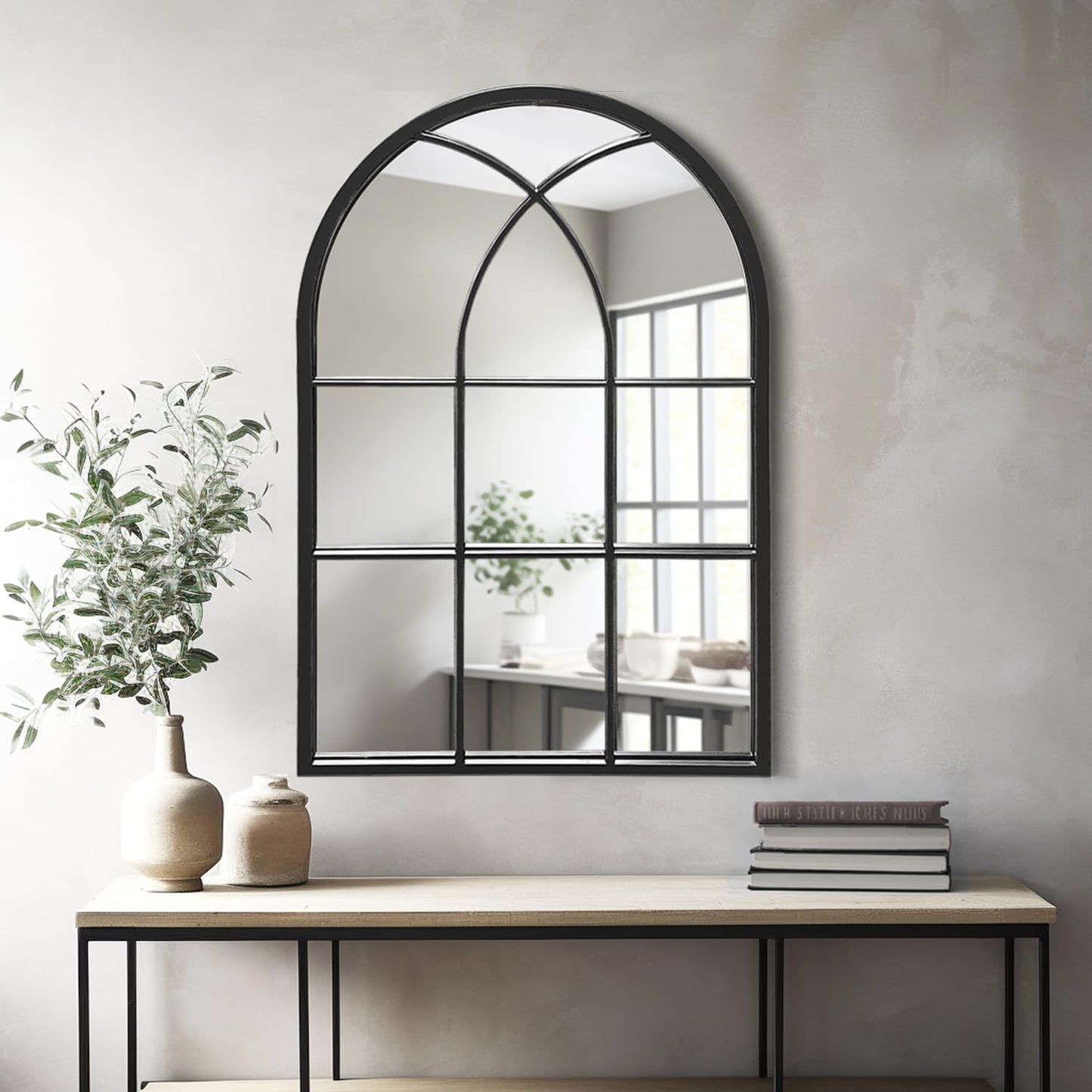 Dewfig Arched Full Length Mirror, 71"x 32" Windowpane Floor Mirror, Black