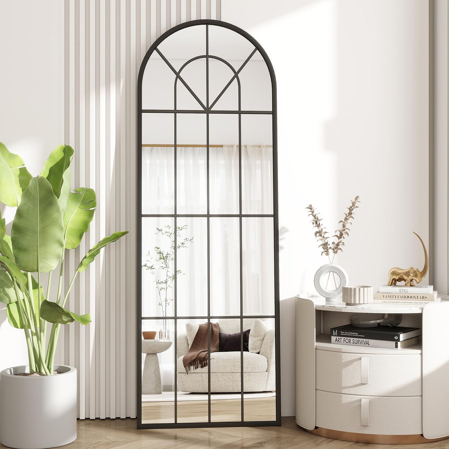 Dewfig Arched Full Length Mirror, 71"x 32" Windowpane Floor Mirror, Black