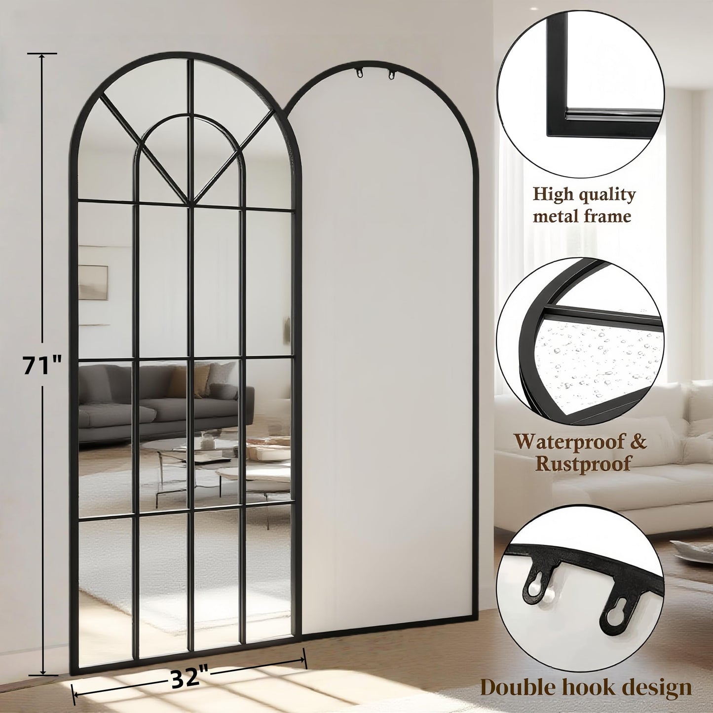 Dewfig Arched Full Length Mirror, 71"x 32" Windowpane Floor Mirror, Black