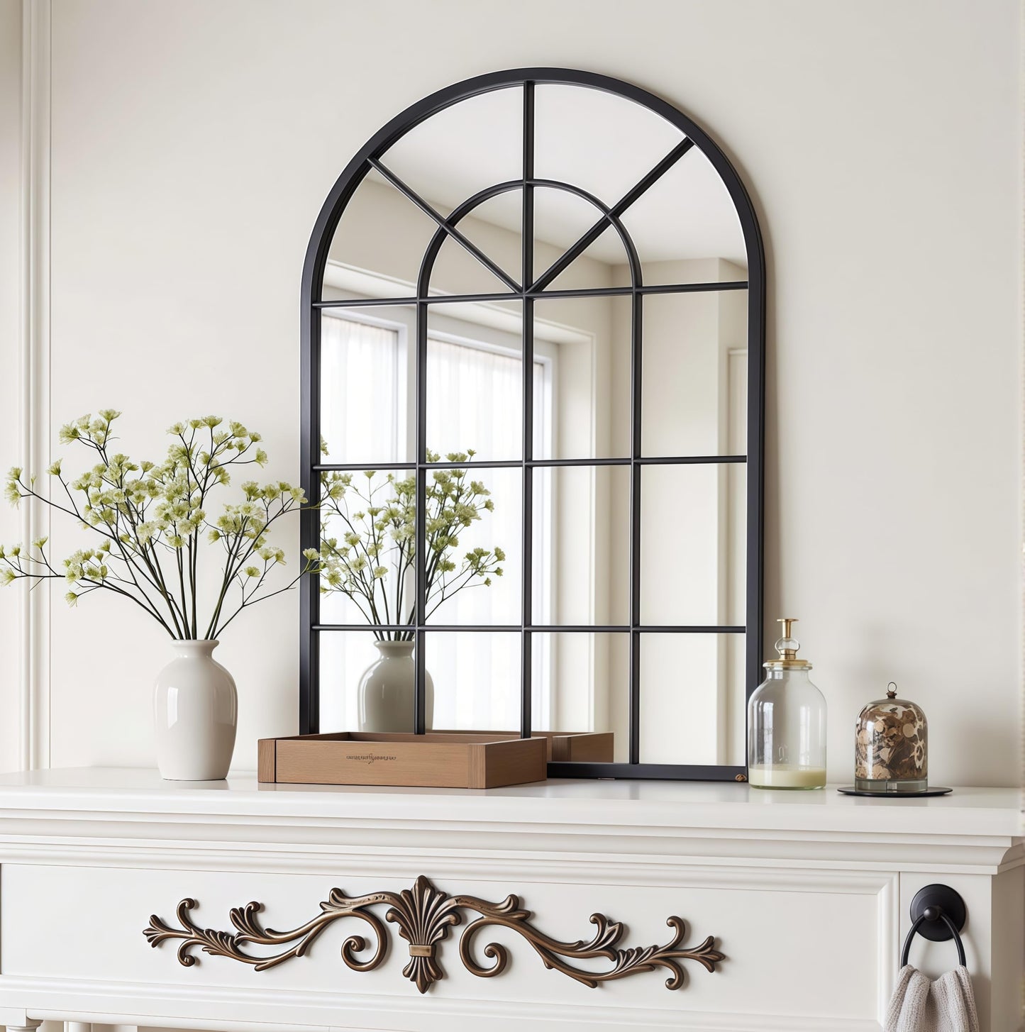 Dewfig Arched Full Length Mirror, 71"x 32" Windowpane Floor Mirror, Black