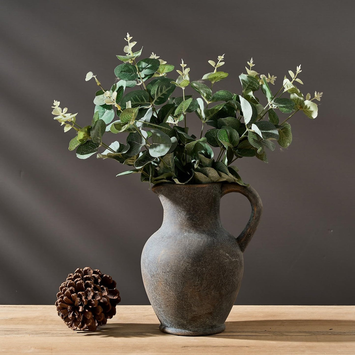 SIDUCAL Ceramic Rustic Farmhouse Vase with Handle, Terracotta Vase, Minimalist Decorative Vases for Home Decor, Table, Living Room, Shelf, Christmas Decoration(Gray)